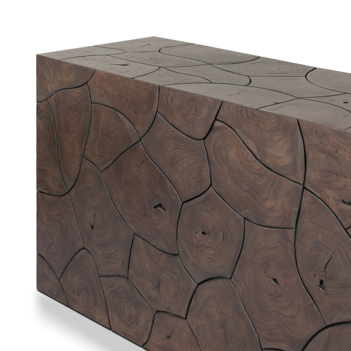 Four Hands Tomlin Saddle Brown-Teak Root Outdoor Console Table texture close-up
