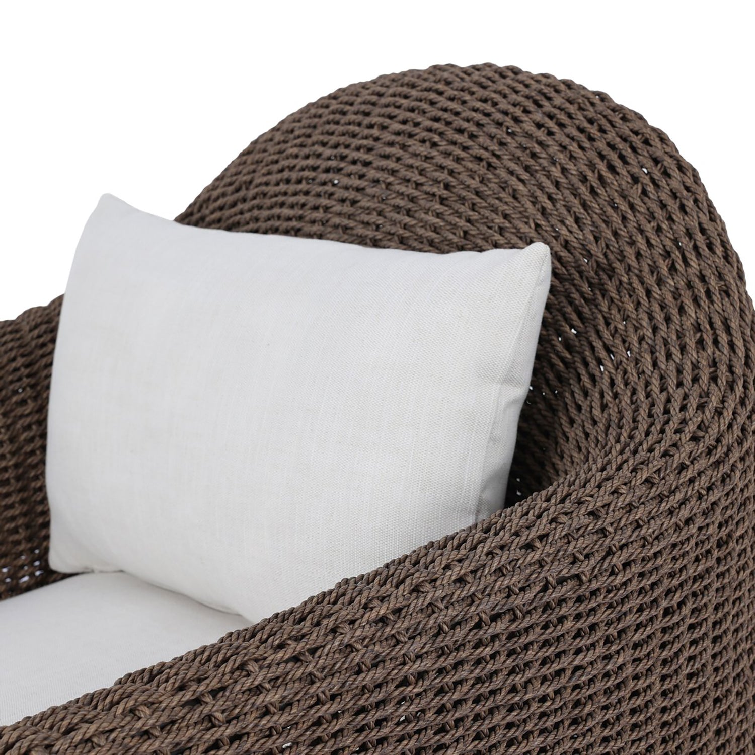 Four Hands Doane Outdoor Chair in dark twisted weave with cream cushion, close-up detail of weave, view 2