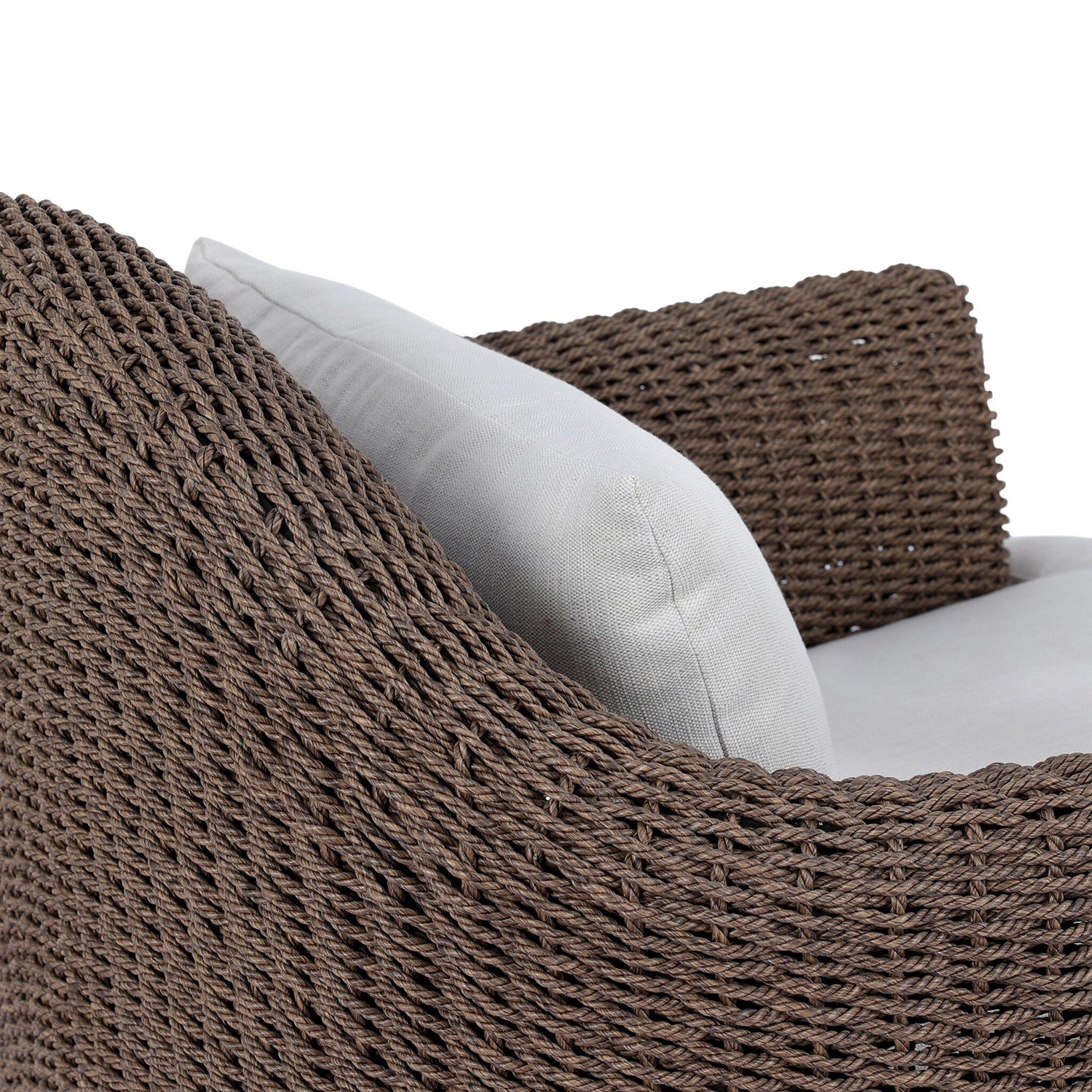 Four Hands Doane Outdoor Chair in dark twisted weave with cream cushion, close-up detail of weave, view 3