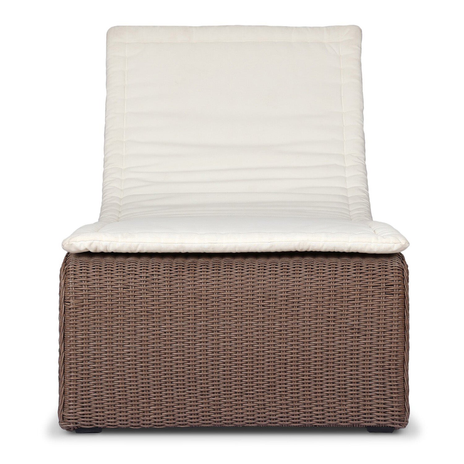 Four Hands Mazu Outdoor Chaise in tanned weave with salt cushion, front view