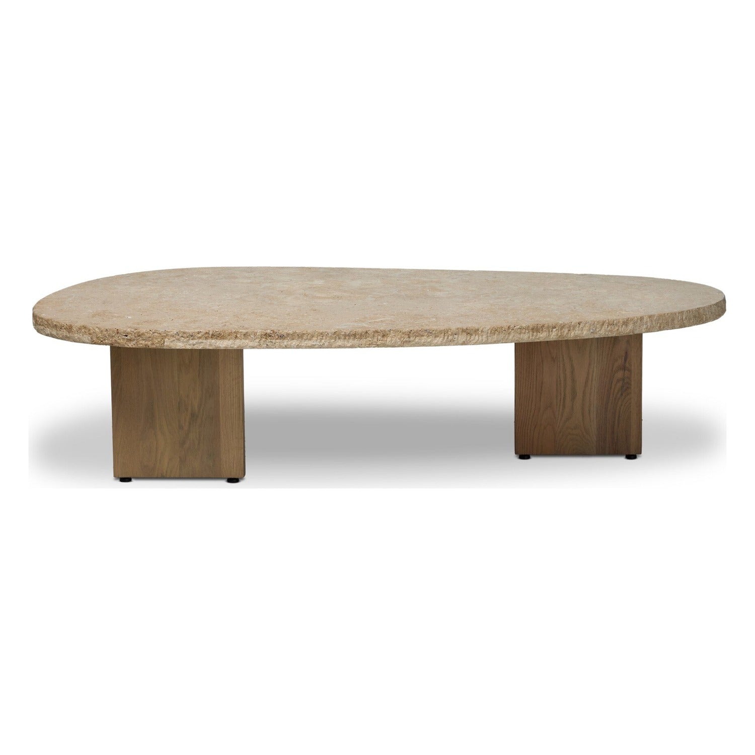 Four Hands Telma Chiseled Beige Lavastone Coffee Table with washed oak paddle legs, front view