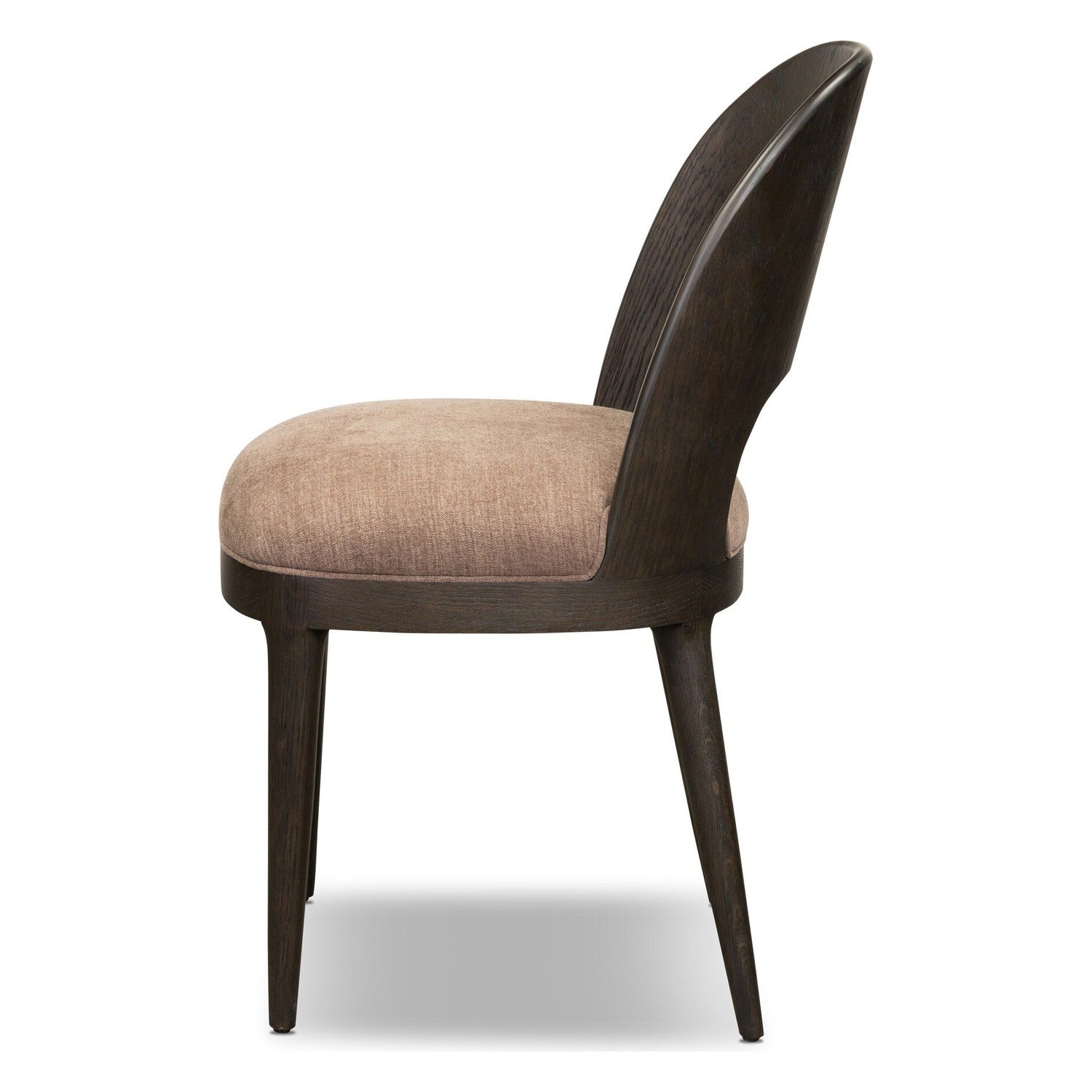 Four Hands Thorton Laughlin Café Dining Chair Set of 2 with smoked black oak veneer on bent legs, side profile view