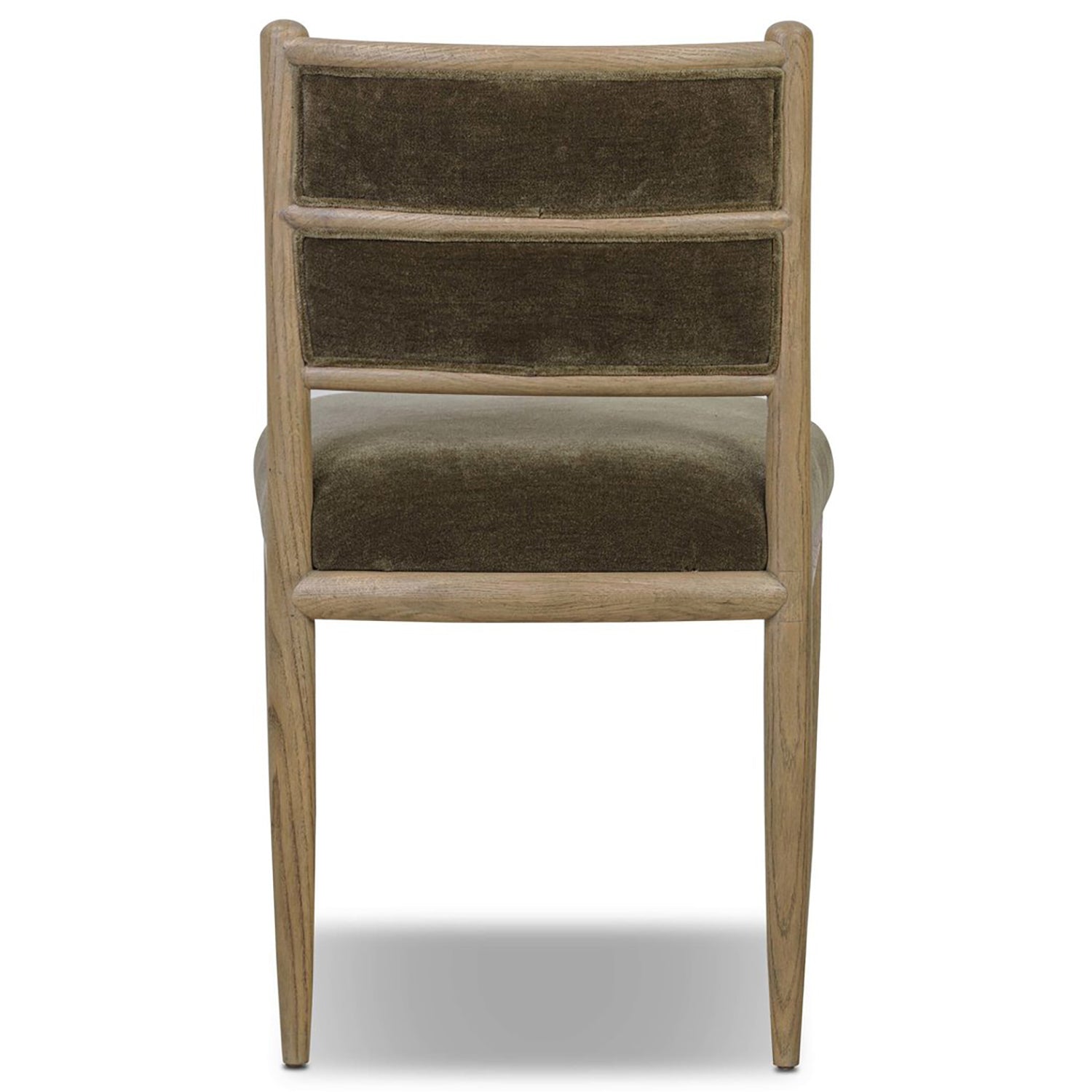 Four Hands Artie Wool Dining Chair in Monte Olive on drifted oak, back view