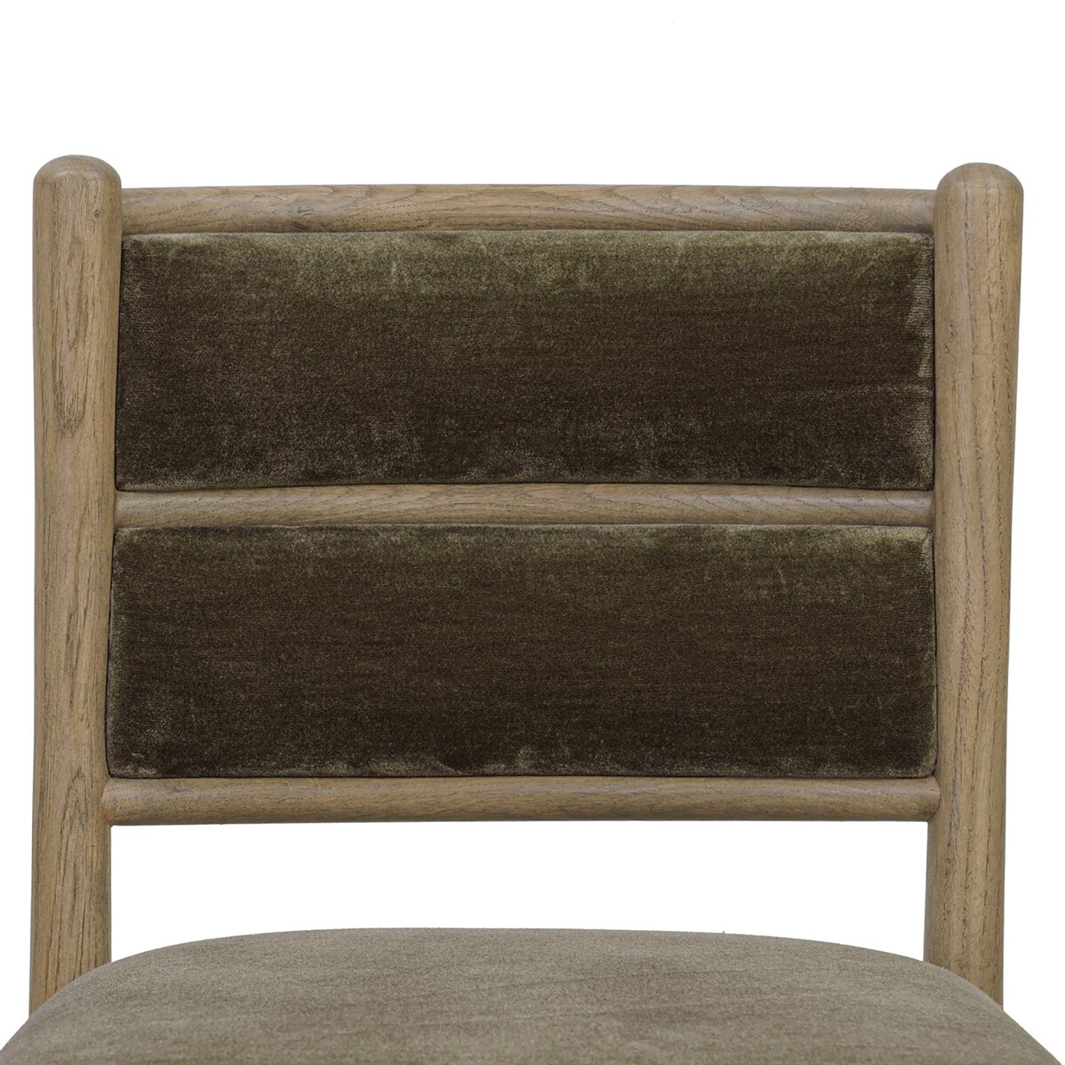 Four Hands Artie Wool Dining Chair in Monte Olive on drifted oak, close-up detail of tufted channeling, view 2