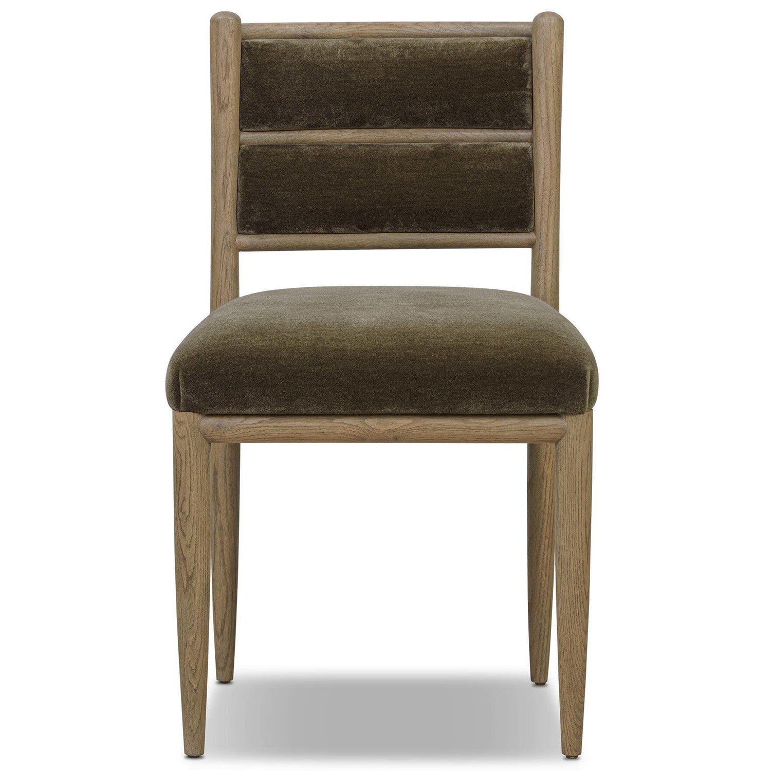 Four Hands Artie Wool Dining Chair in Monte Olive on drifted oak, front view