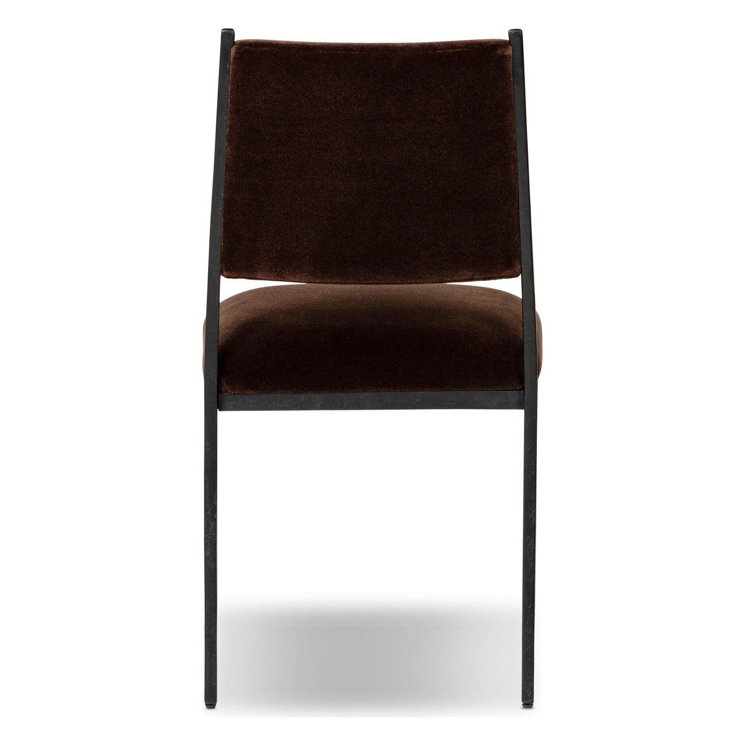 Four Hands Valeene Monte Chocolate Dining Chair Set of 2 on black cast aluminum, back view showing velvet back