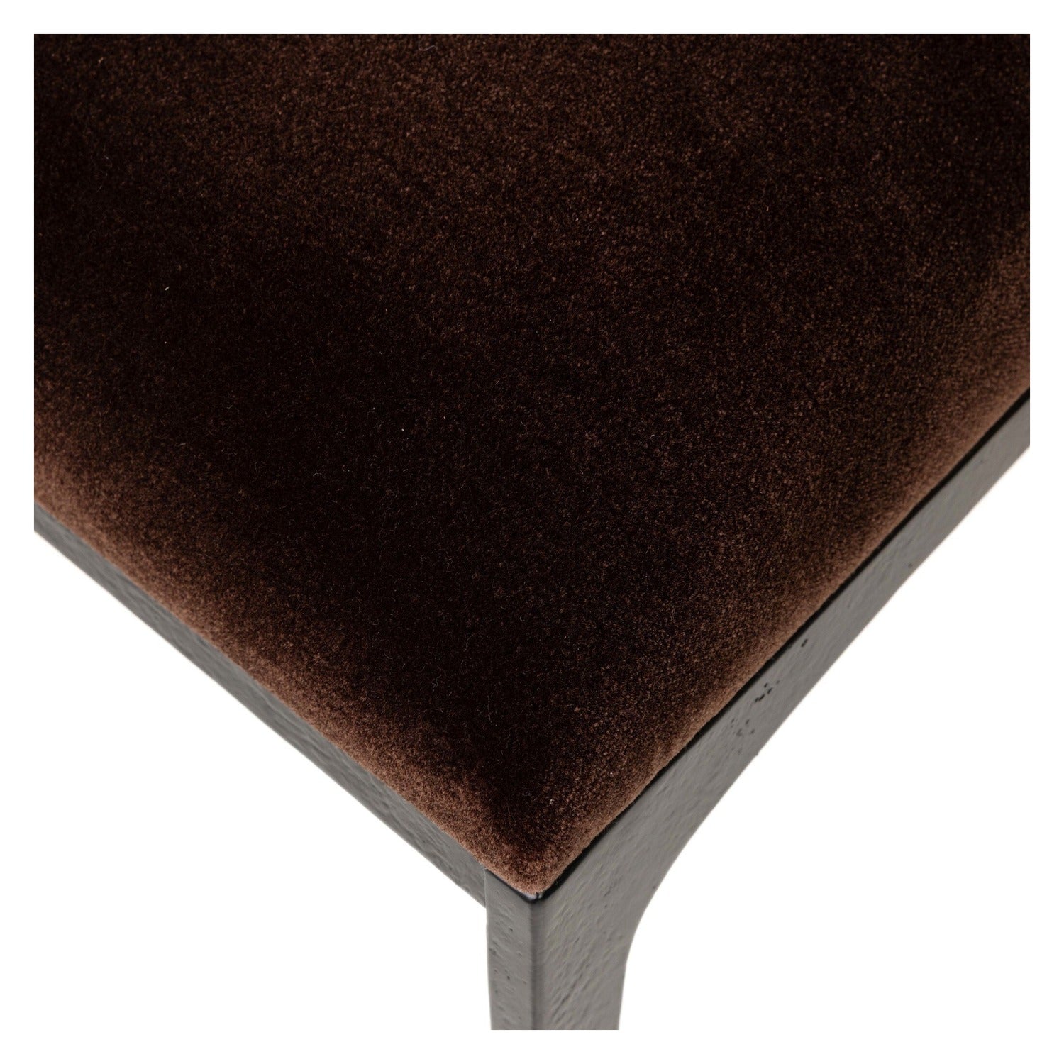 Four Hands Valeene Monte Chocolate Dining Chair Set of 2 on black cast aluminum, close-up detail of velvet, view 3