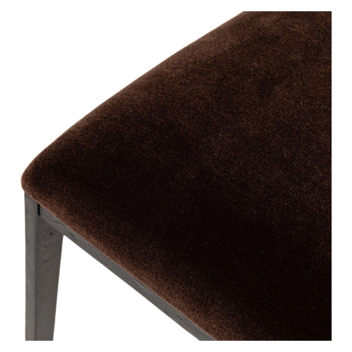 Four Hands Valeene Monte Chocolate Dining Chair Set of 2 on black cast aluminum, close-up detail of velvet, view 4