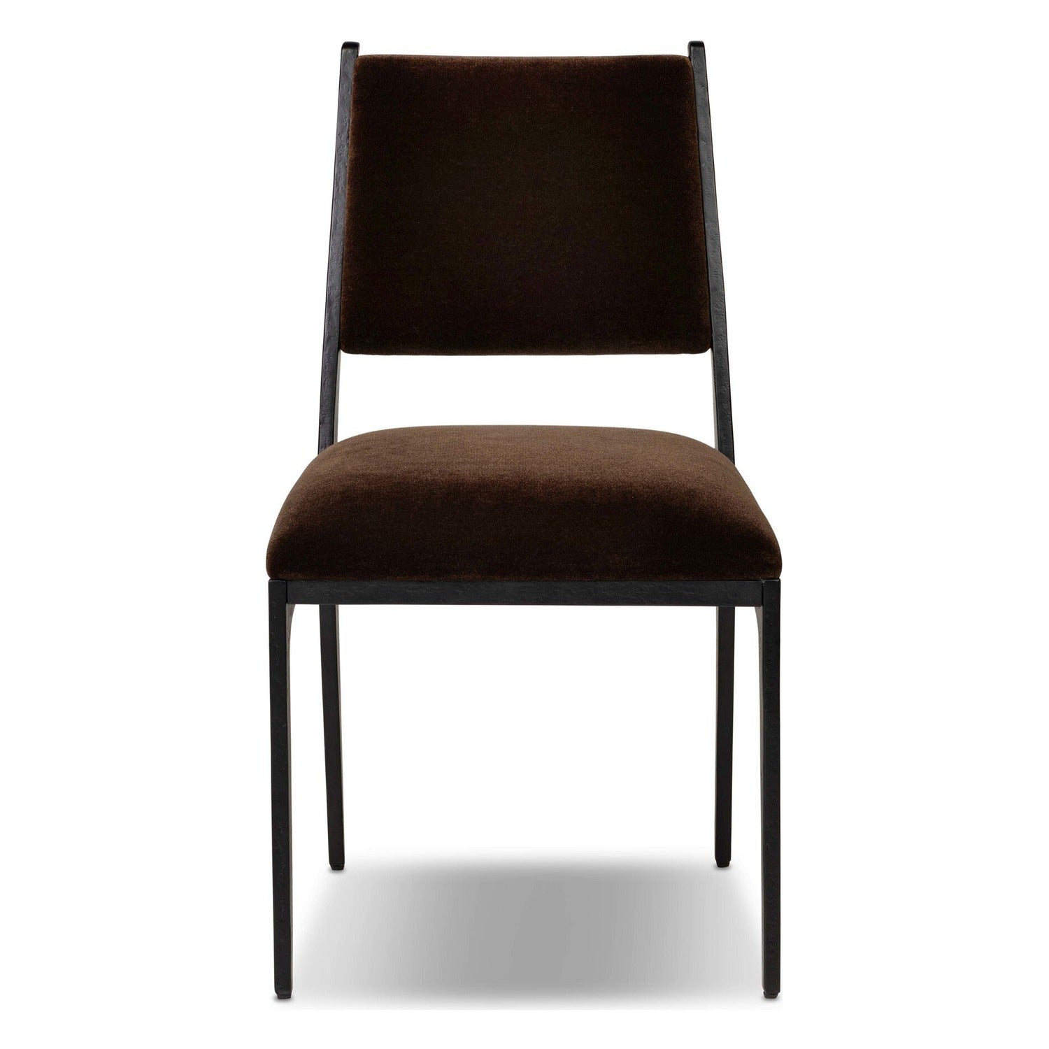 Four Hands Valeene Monte Chocolate Dining Chair Set of 2 on black cast aluminum, front view