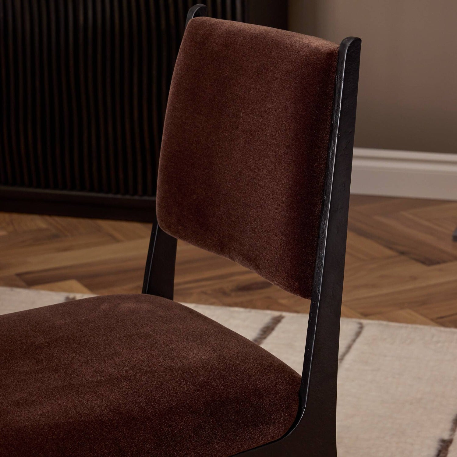 Four Hands Valeene Monte Chocolate Dining Chair Set of 2 on black cast aluminum, alternate styled view