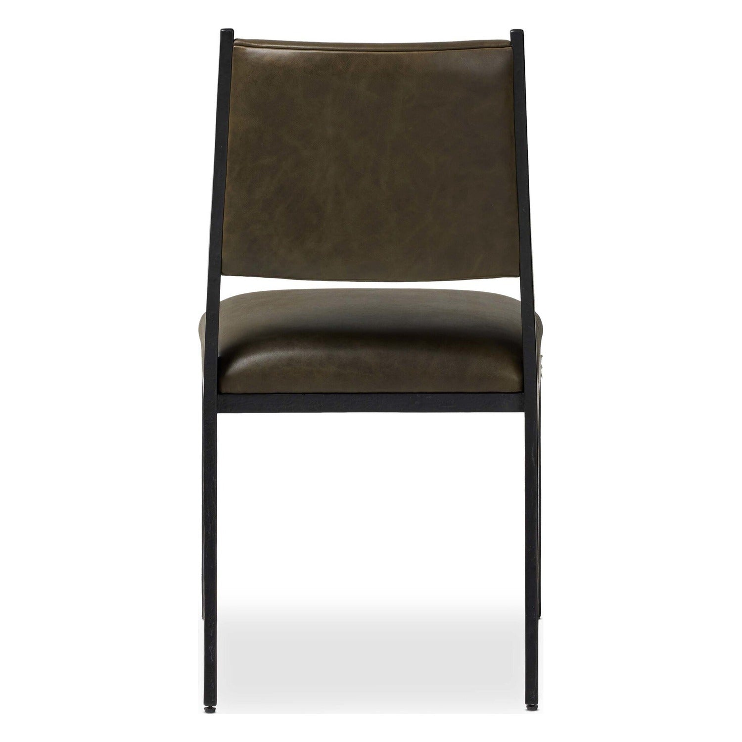 Four Hands Valeene Dulane Moss Dining Chair Set of 2 on black cast aluminum, back view showing leather back