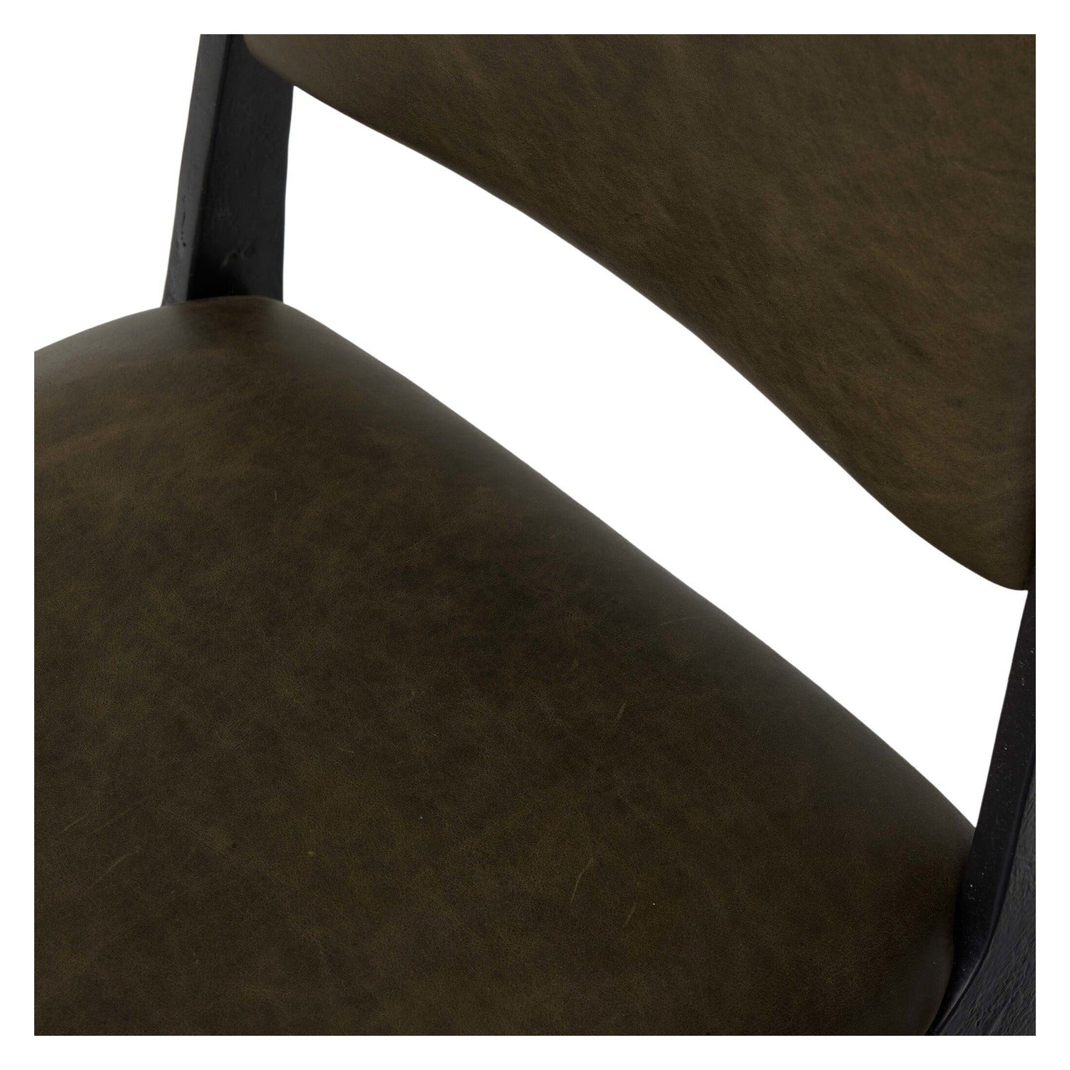 Four Hands Valeene Dulane Moss Dining Chair Set of 2 on black cast aluminum, close-up detail of leather, view 2