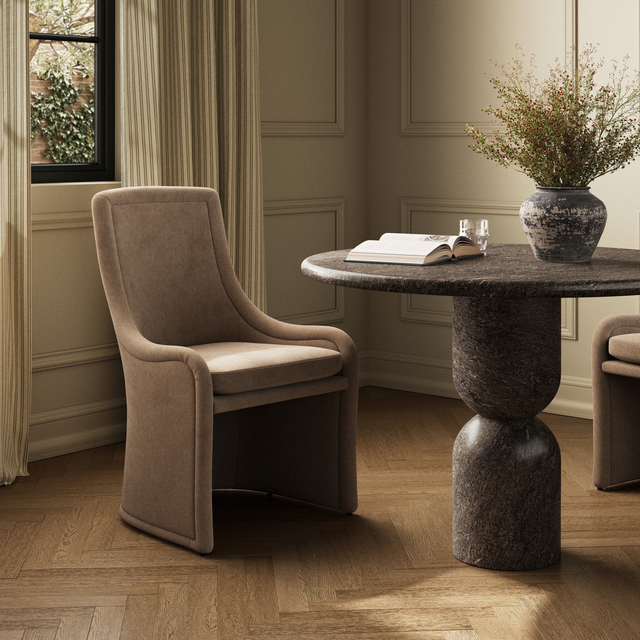 Four Hands Blaire Monte Mushroom Dining Chair — in a styled room setting