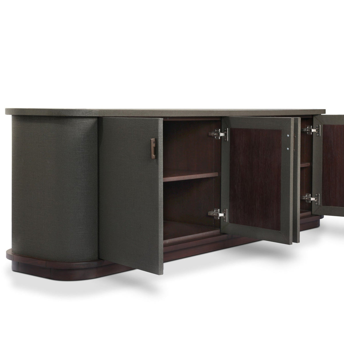Four Hands Berlin Dark Green Lacquered Linen Media Console — finish and texture