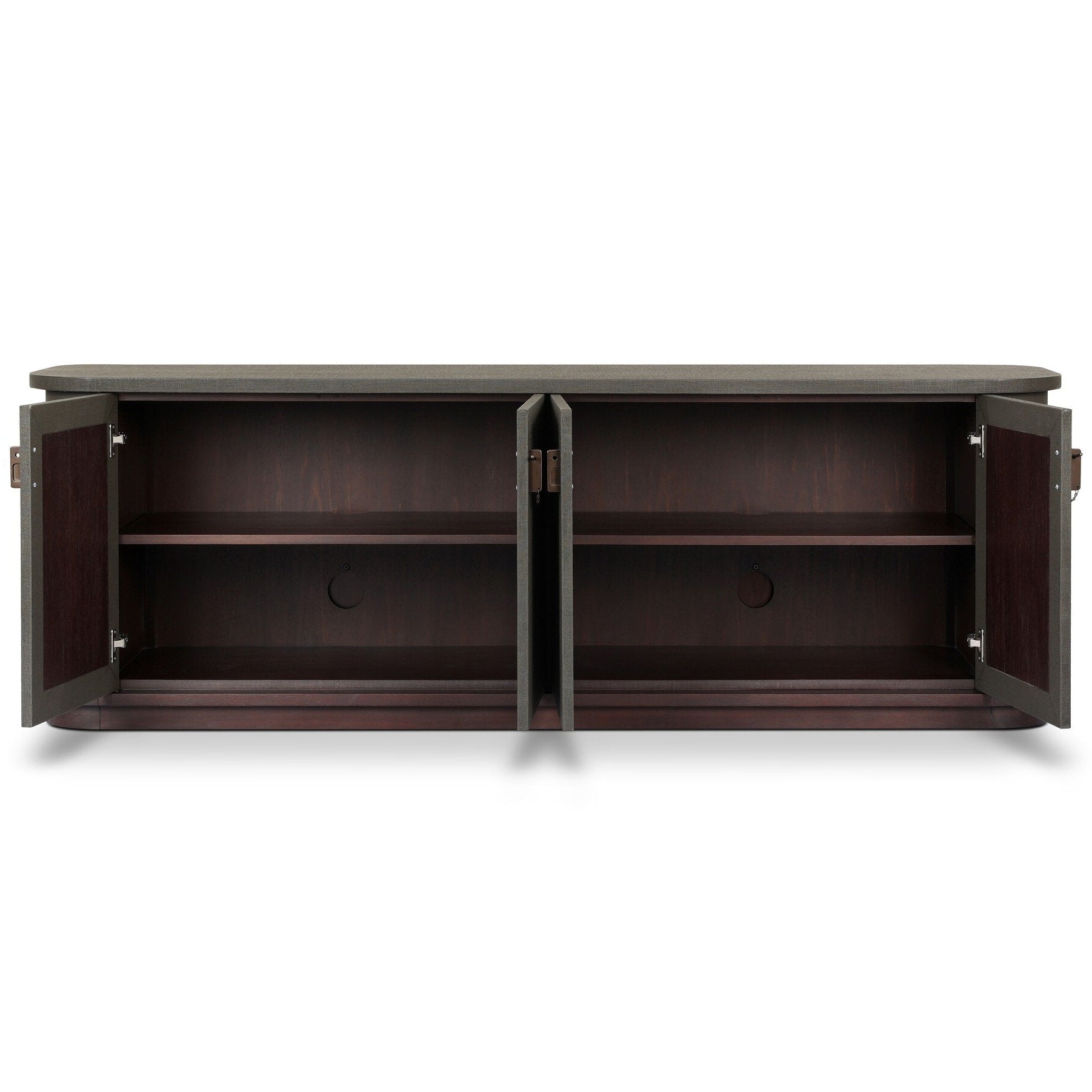 Four Hands Berlin Dark Green Lacquered Linen Media Console shown open