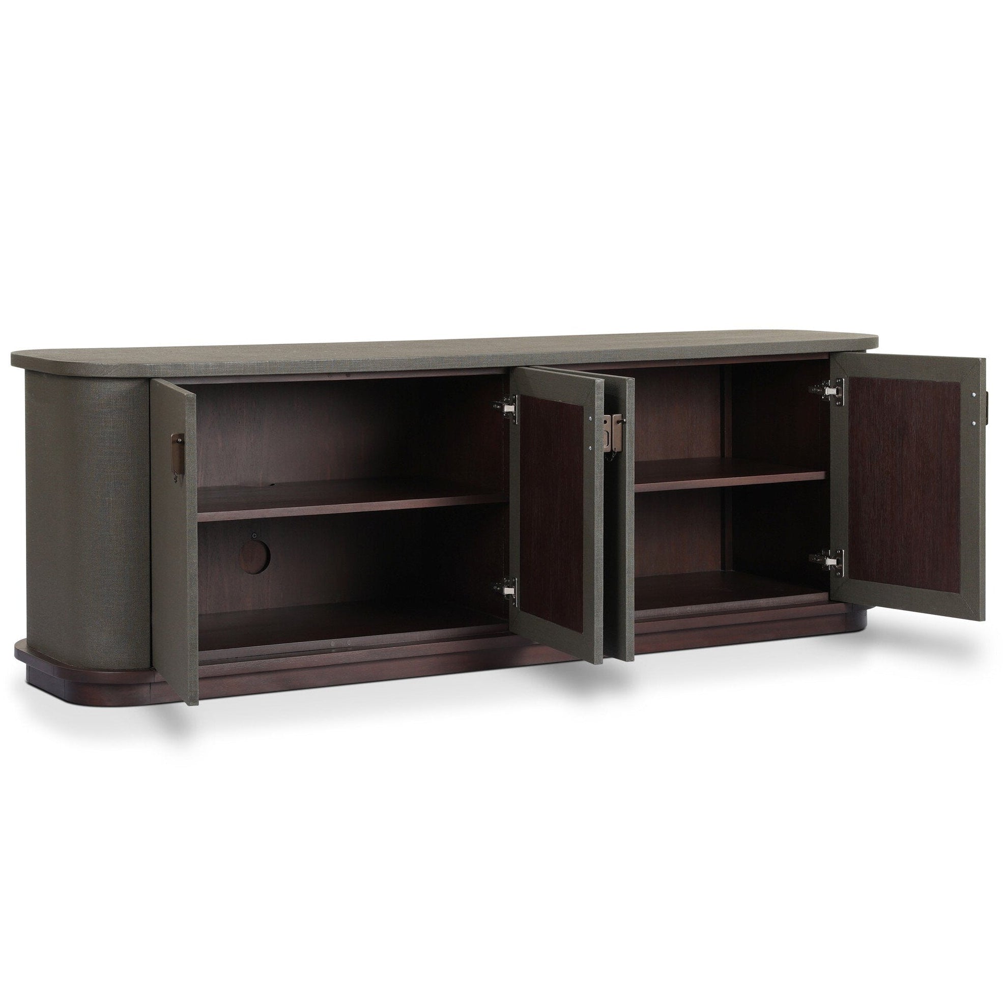 Four Hands Berlin Dark Green Lacquered Linen Media Console shown open, hardware and joinery
