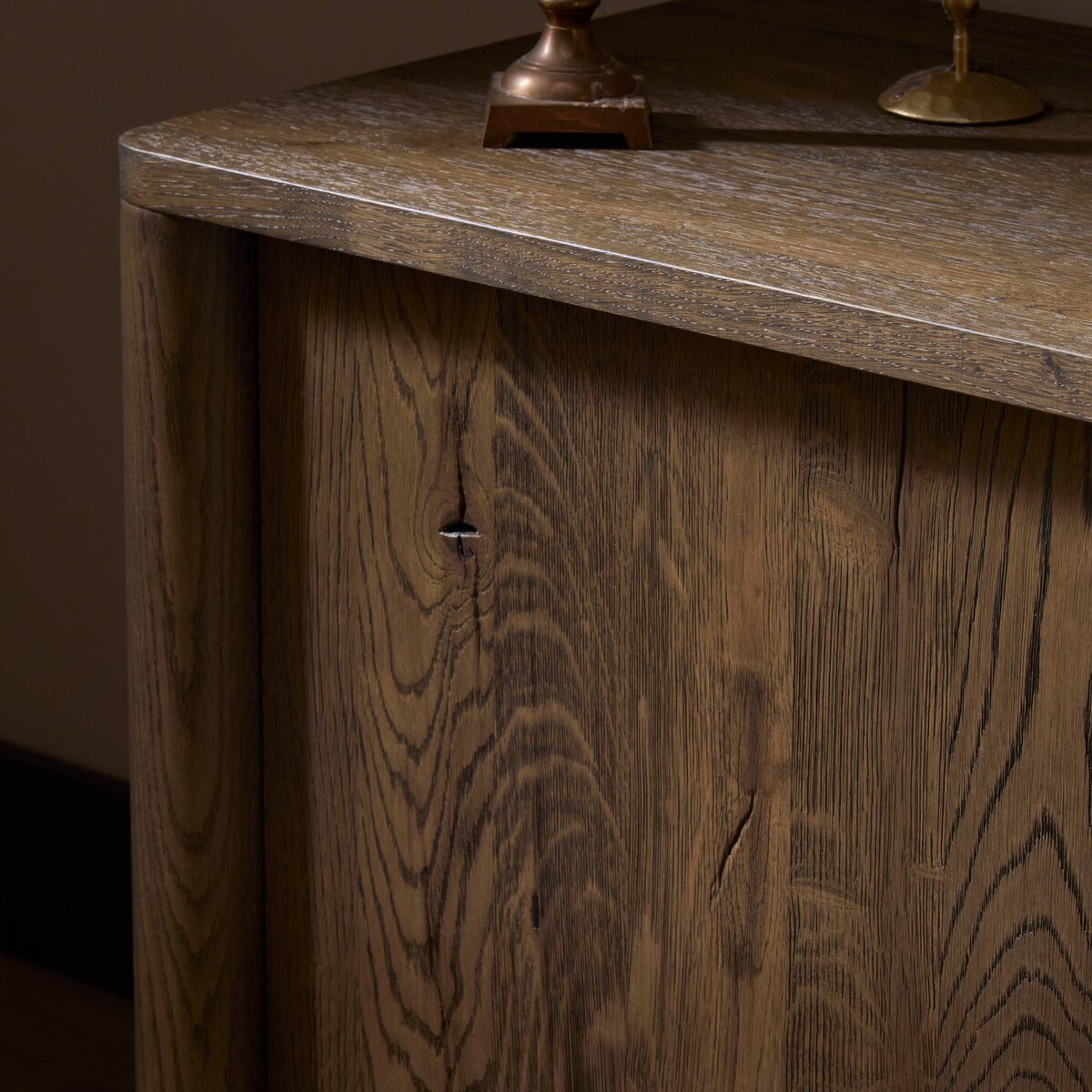 Four Hands Arthur Media Console in tobacco oak, close-up detail of oak grain, view 5
