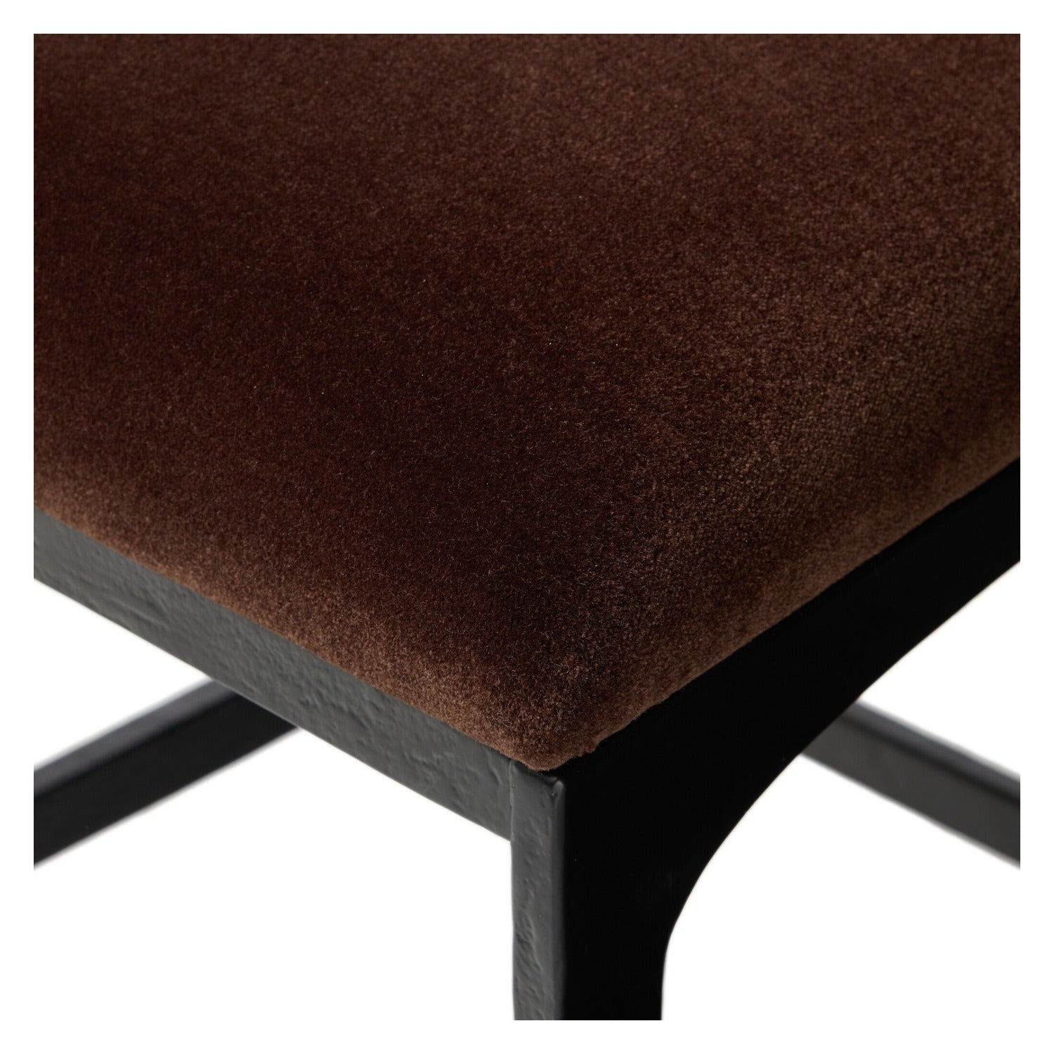 Four Hands Valeene Monte Chocolate Counter Stool Set of 2 on black cast aluminum, close-up detail of aluminum frame, view 1