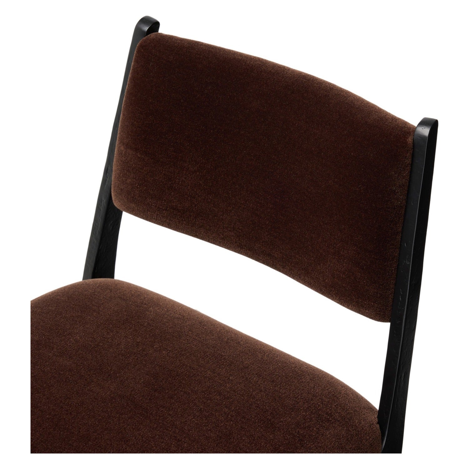 Four Hands Valeene Monte Chocolate Counter Stool Set of 2 on black cast aluminum, close-up detail of velvet, view 1