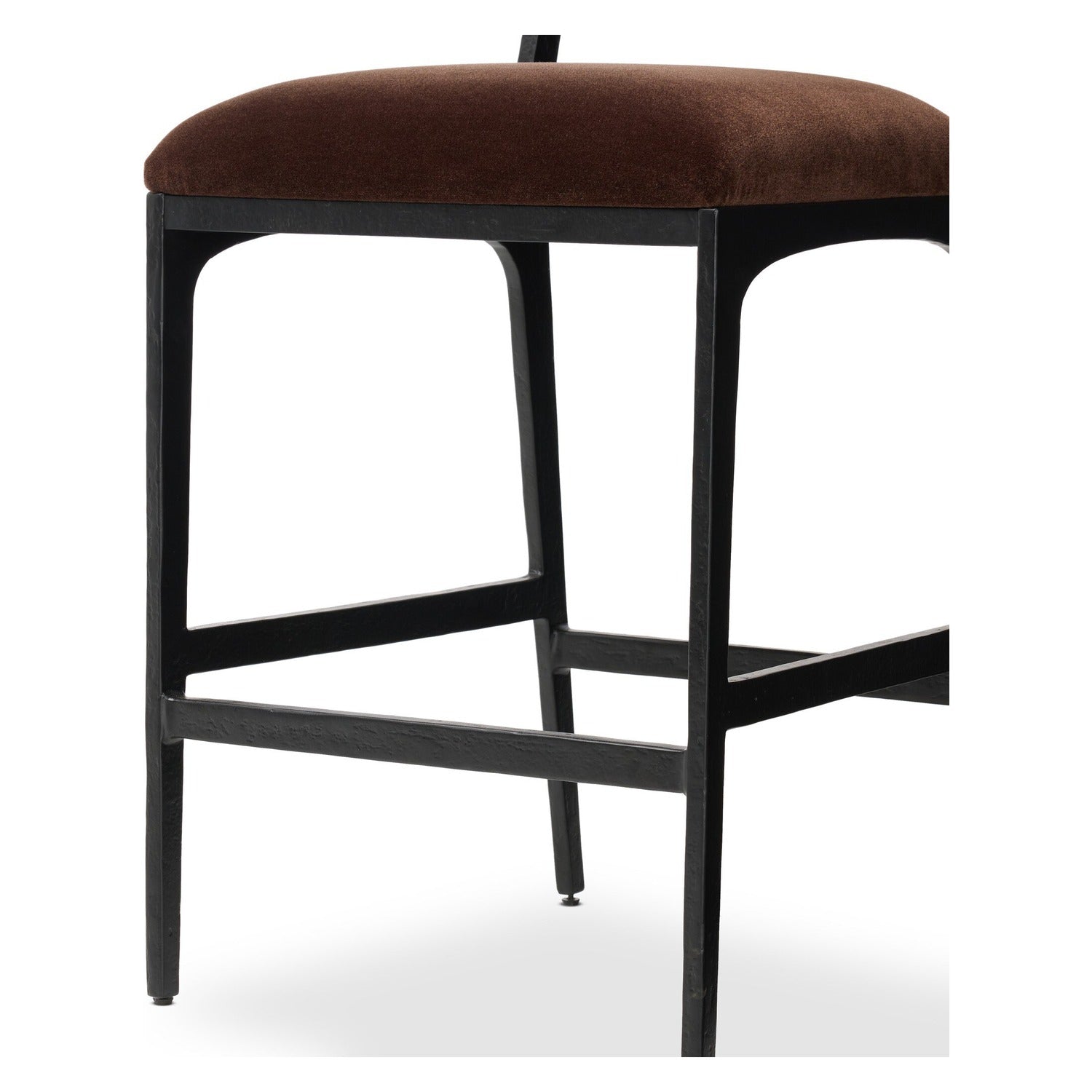Four Hands Valeene Monte Chocolate Counter Stool Set of 2 on black cast aluminum, close-up detail of velvet, view 2