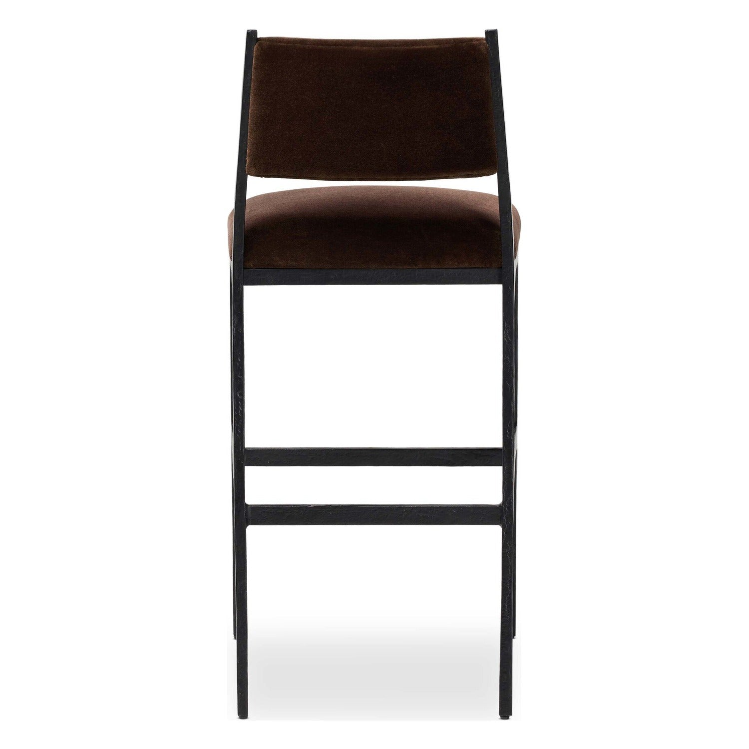 Four Hands Valeene Monte Chocolate Bar Stool Set of 2 on black cast aluminum, back view