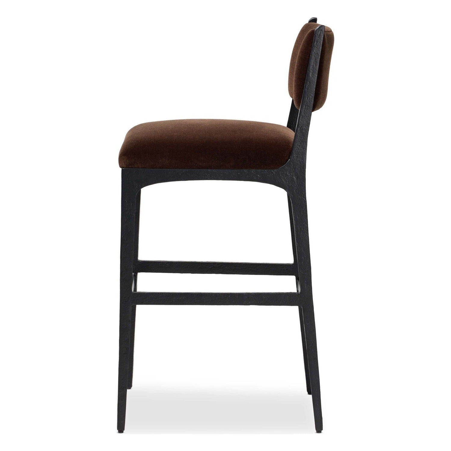 Four Hands Valeene Monte Chocolate Bar Stool Set of 2 on black cast aluminum, side profile view