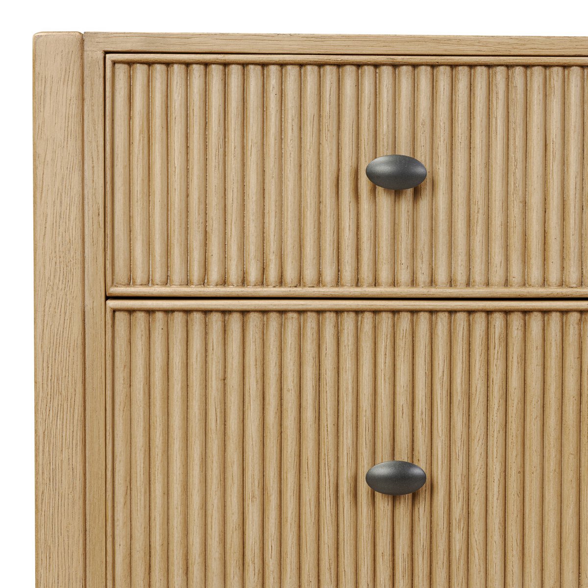 Four Hands Hazel 6 Drawer Dresser in light wash oak with reeded fronts, close-up detail of reeding, view 2