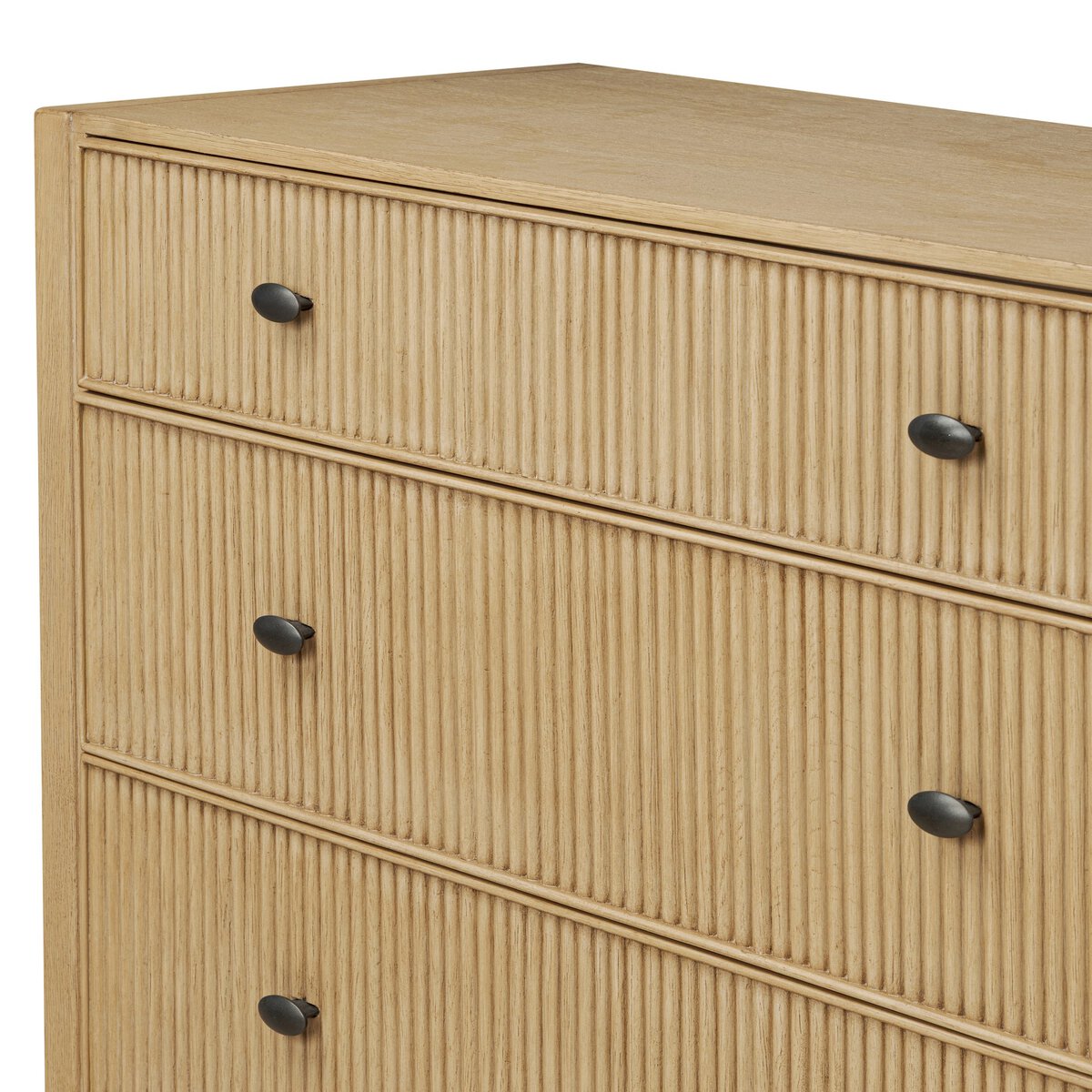 Four Hands Hazel 6 Drawer Dresser in light wash oak with reeded fronts, close-up detail of reeding, view 3