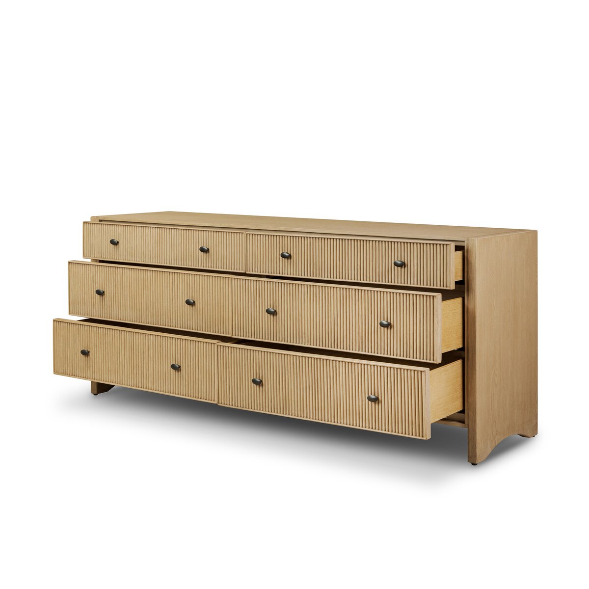 Four Hands Hazel 6 Drawer Dresser in light wash oak with reeded fronts, drawer open view