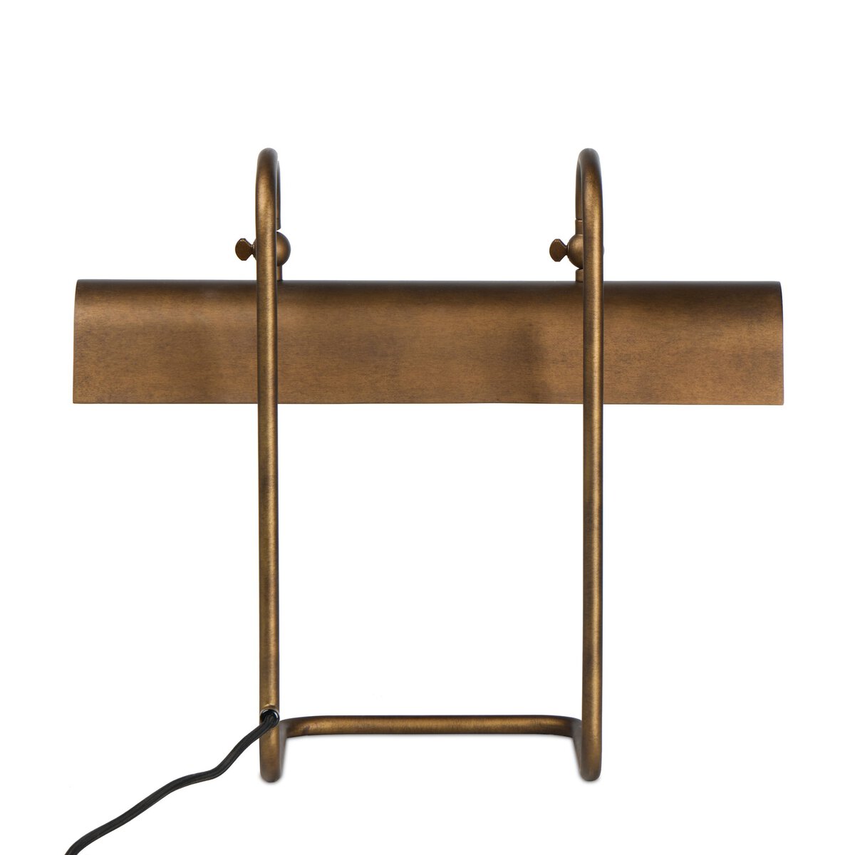 Four Hands Benno Table Lamp in burnished brass with swan neck task shade, back view showing cord