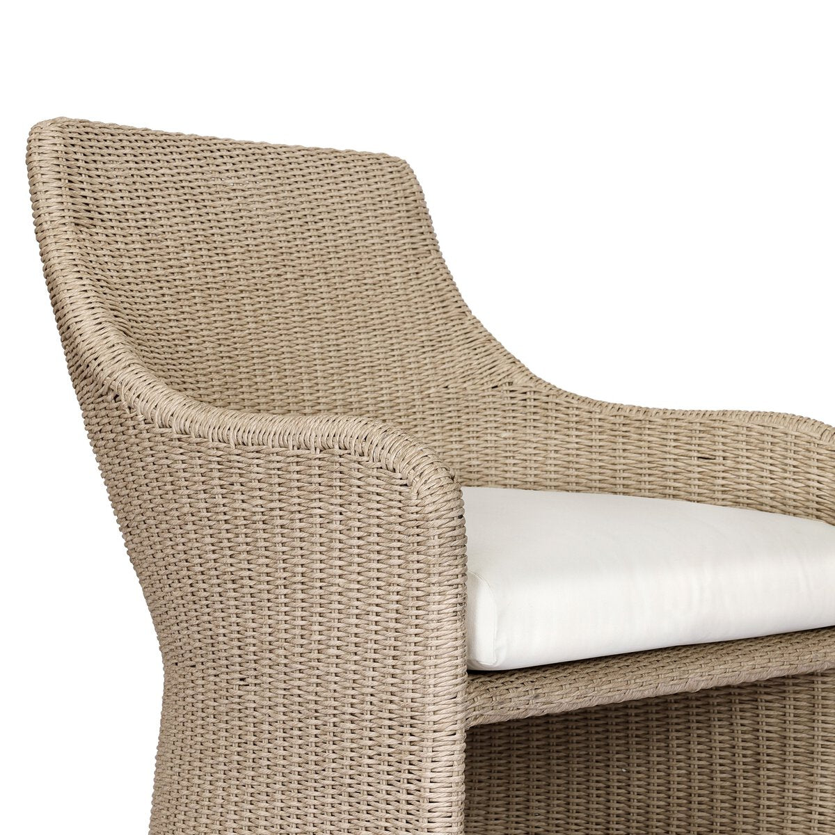 Four Hands Blaire Outdoor Chair in vintage white woven with salt cushion, close-up detail, view 1