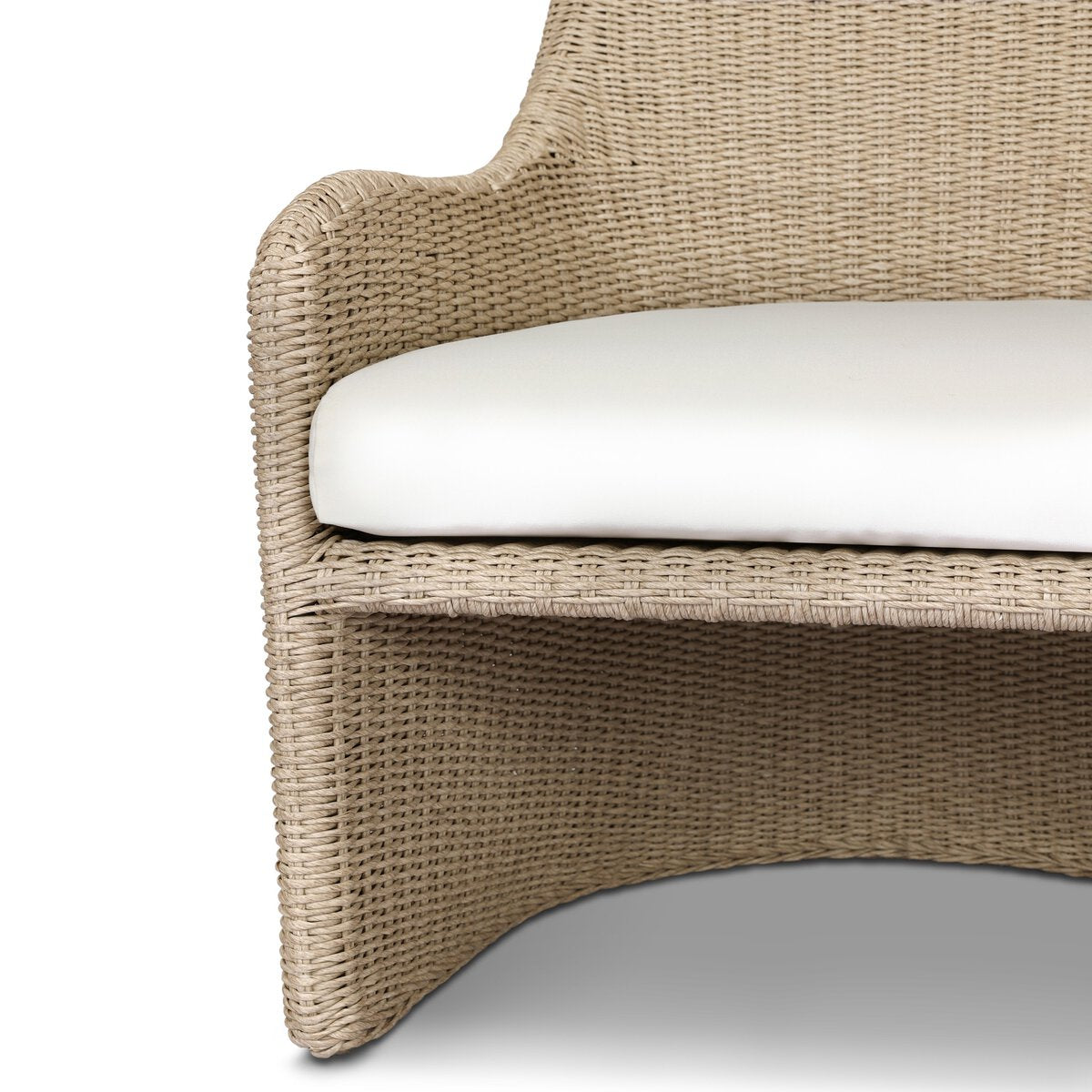 Four Hands Blaire Outdoor Chair in vintage white woven with salt cushion, close-up detail, view 4