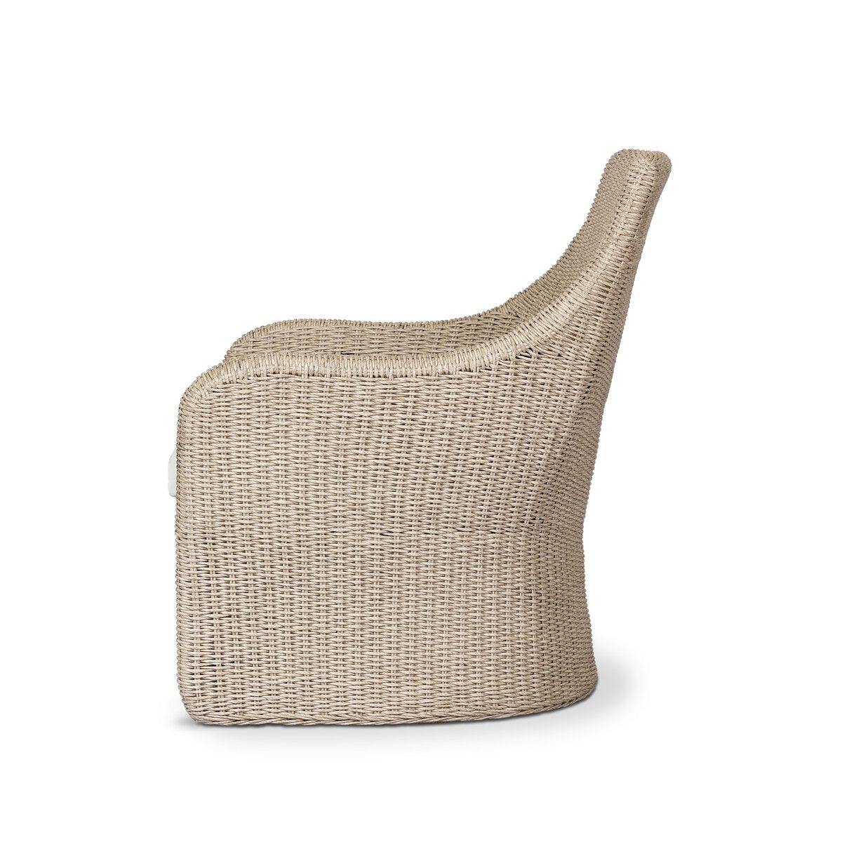 Four Hands Blaire Outdoor Chair in vintage white woven with salt cushion, side profile view