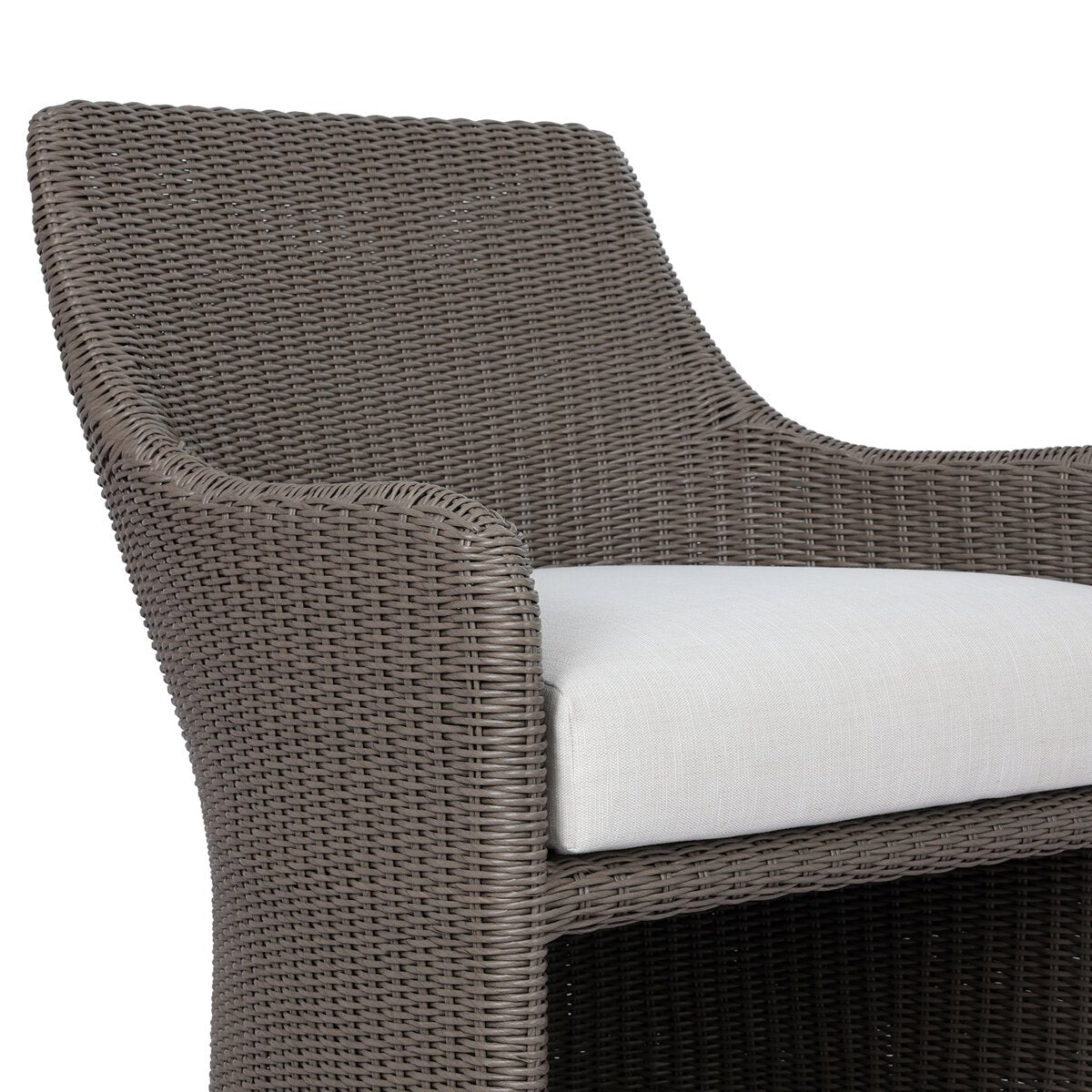 Four Hands Blaire Outdoor Chair in vintage taupe woven with cream cushion, close-up detail, view 1