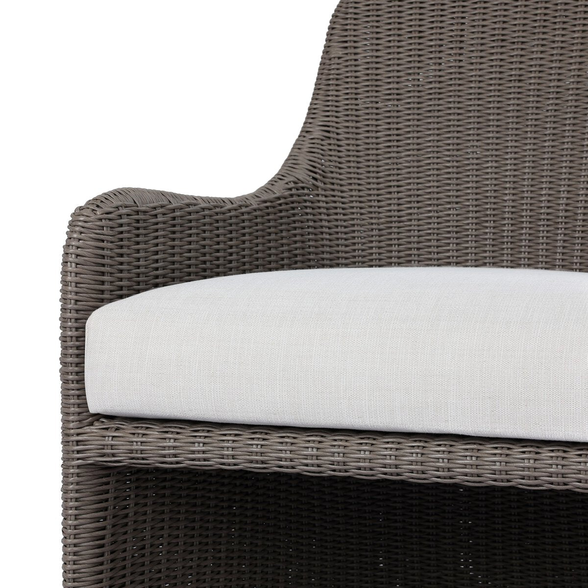 Four Hands Blaire Outdoor Chair in vintage taupe woven with cream cushion, close-up detail, view 3