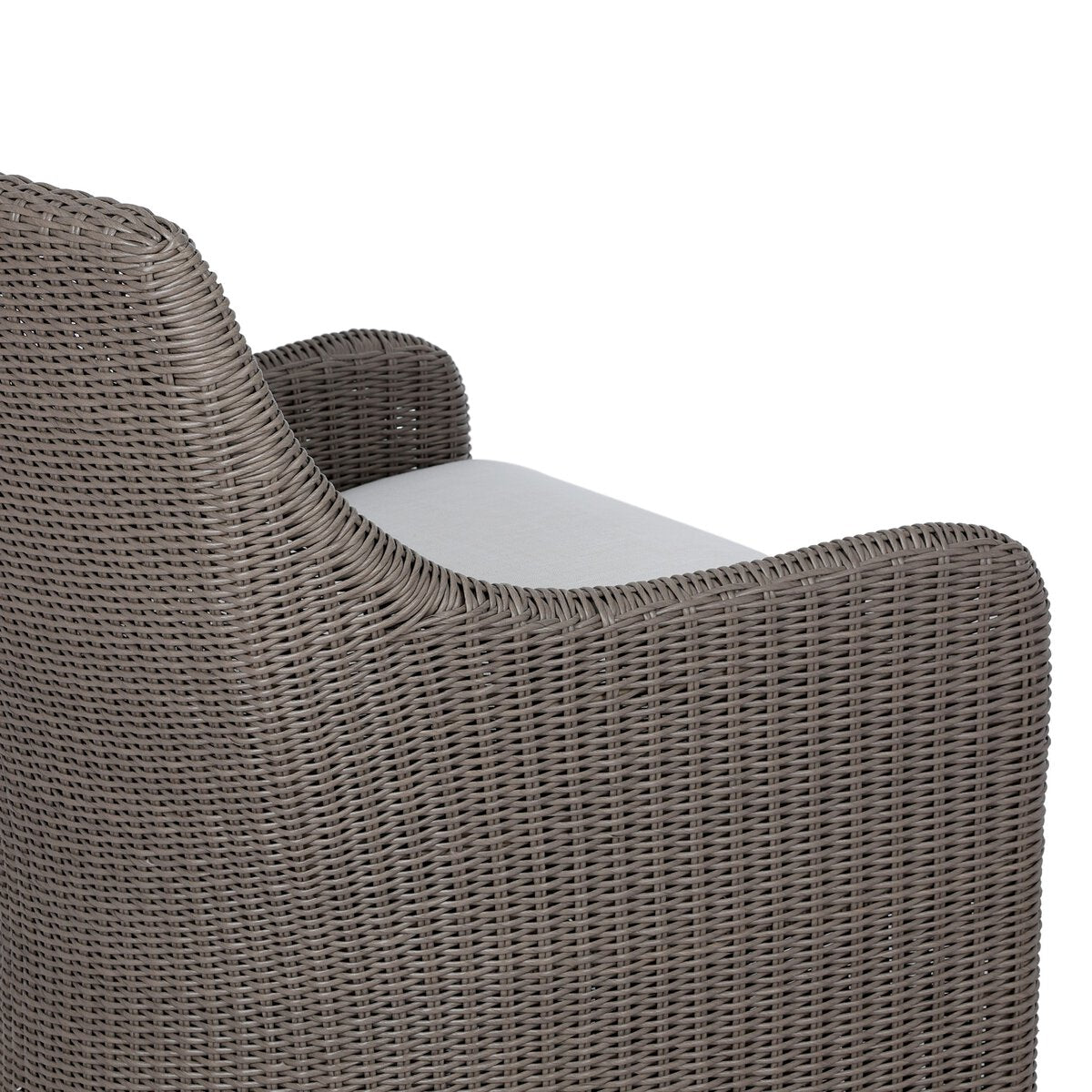 Four Hands Blaire Outdoor Chair in vintage taupe woven with cream cushion, close-up detail, view 4