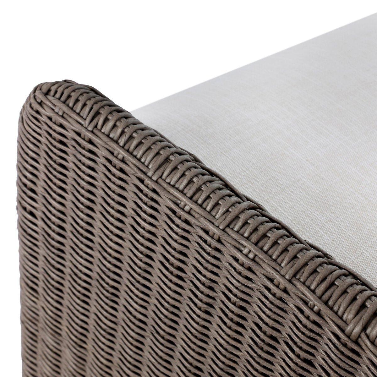 Four Hands Blaire Outdoor Chair in vintage taupe woven with cream cushion, close-up detail, view 5