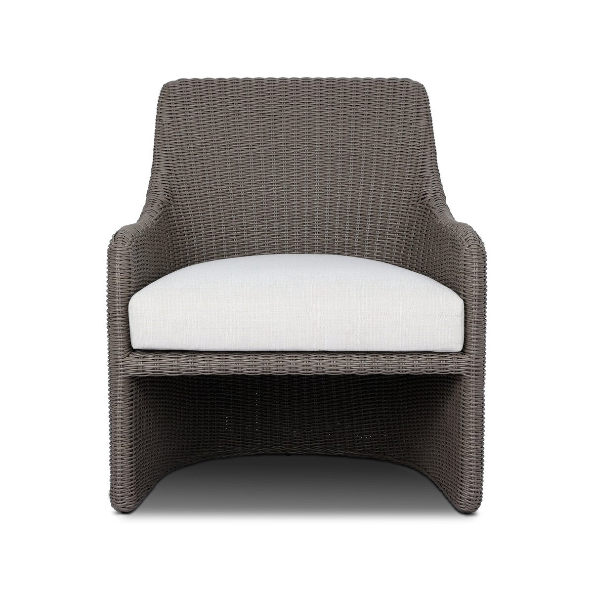 Four Hands Blaire Outdoor Chair in vintage taupe woven with cream cushion, front view