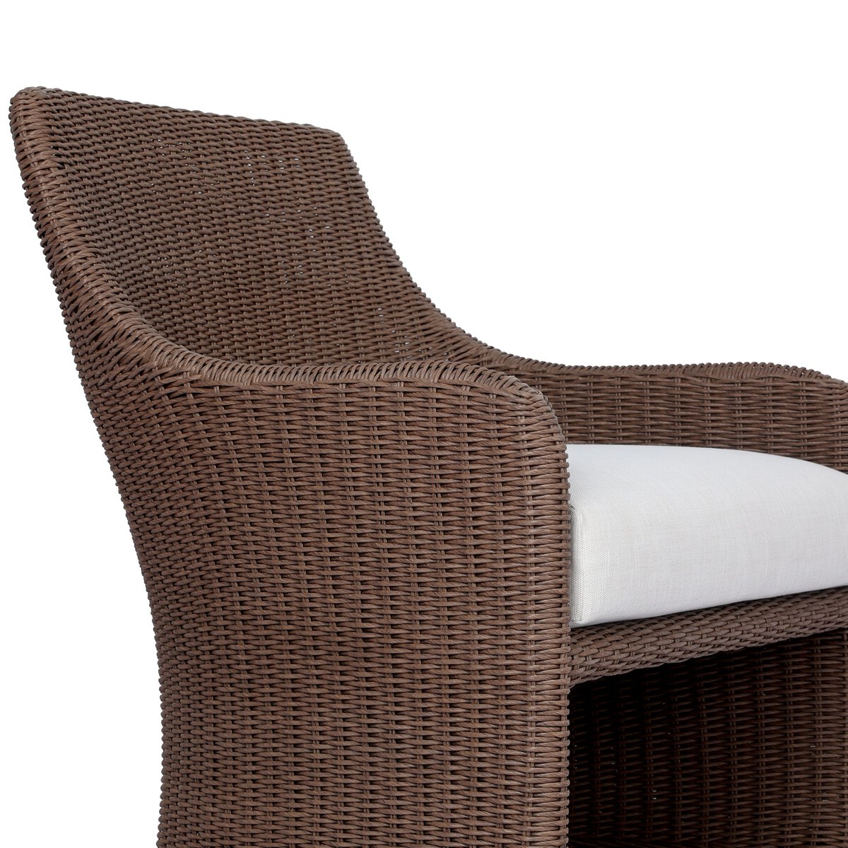 Four Hands Blaire Outdoor Chair in tanned woven with cream cushion, close-up detail, view 1