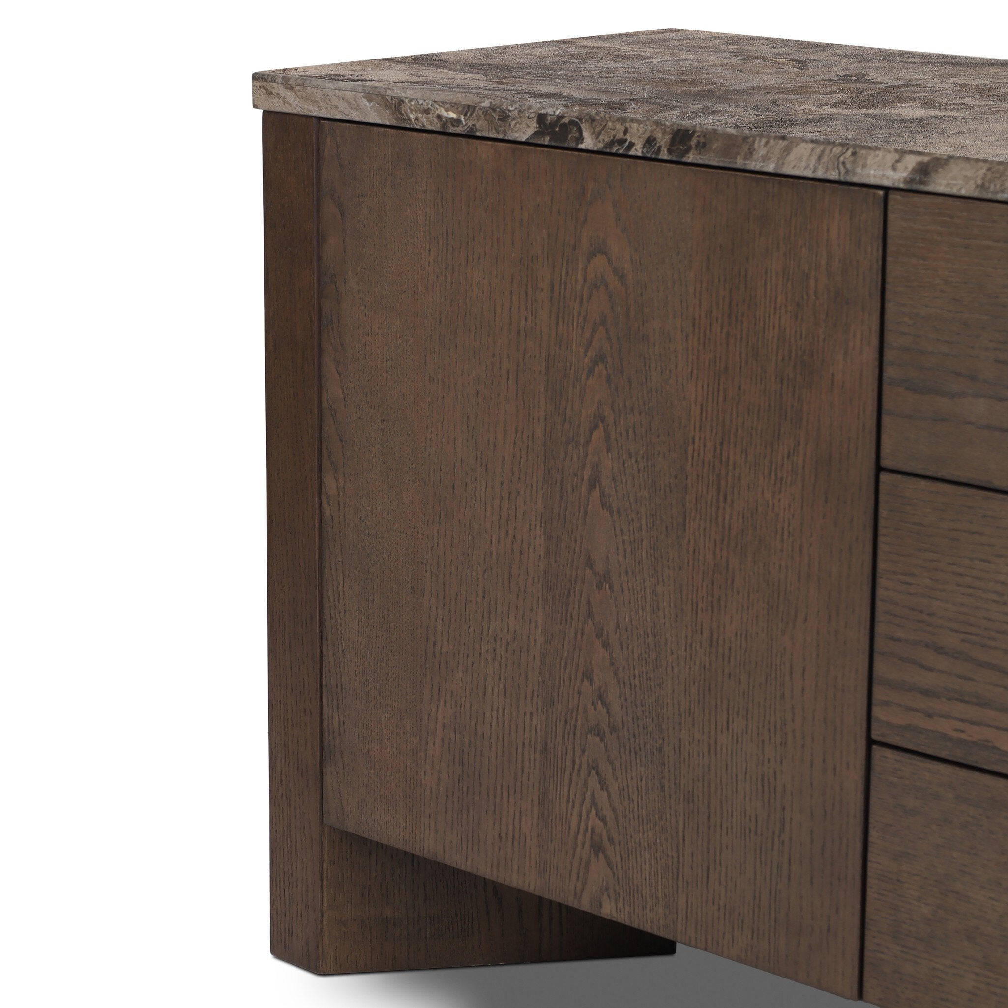 Four Hands Lawson Media Console in brown oak veneer with warm grey marble top, close-up detail of marble, view 3