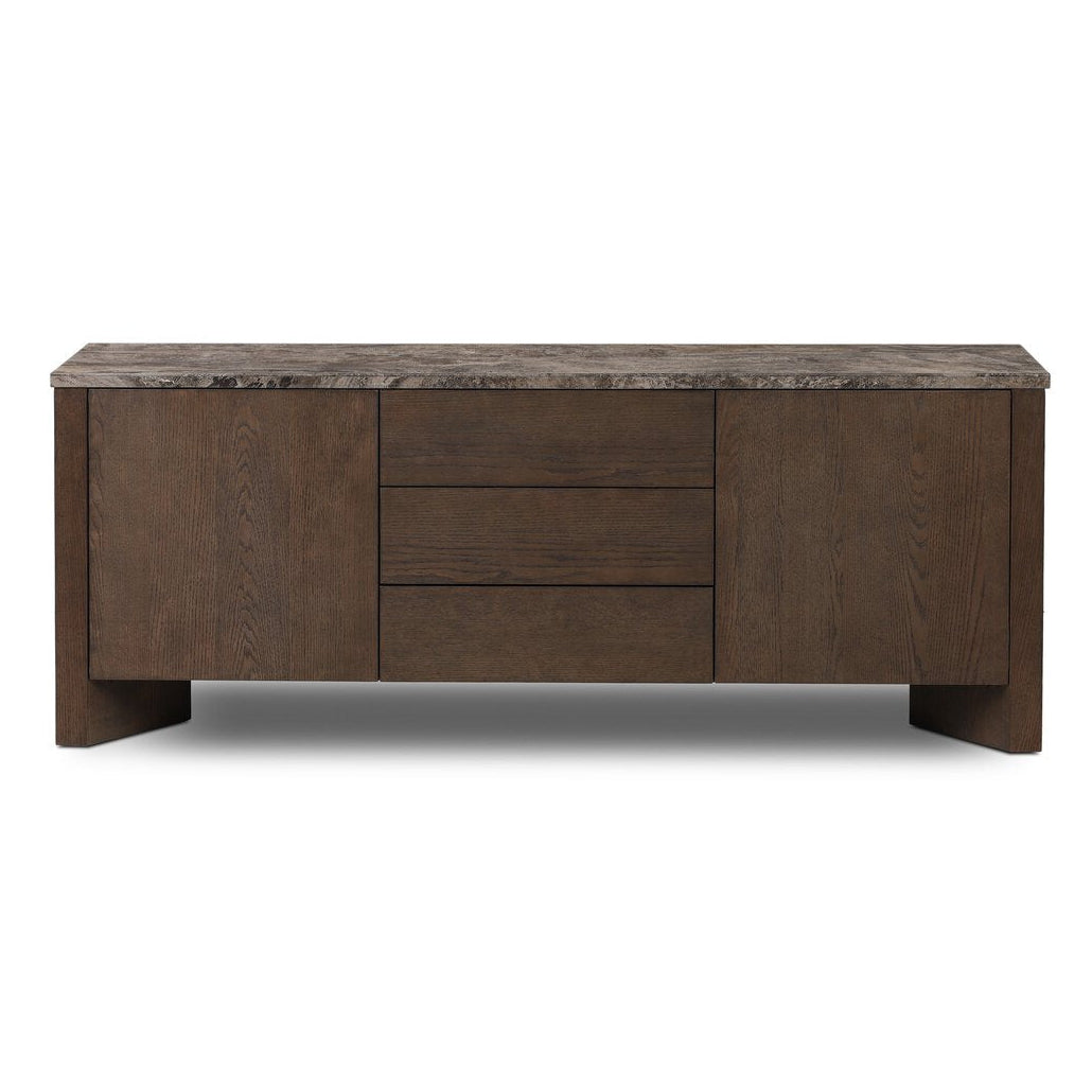 Four Hands Lawson Media Console in brown oak veneer with warm grey marble top, front view