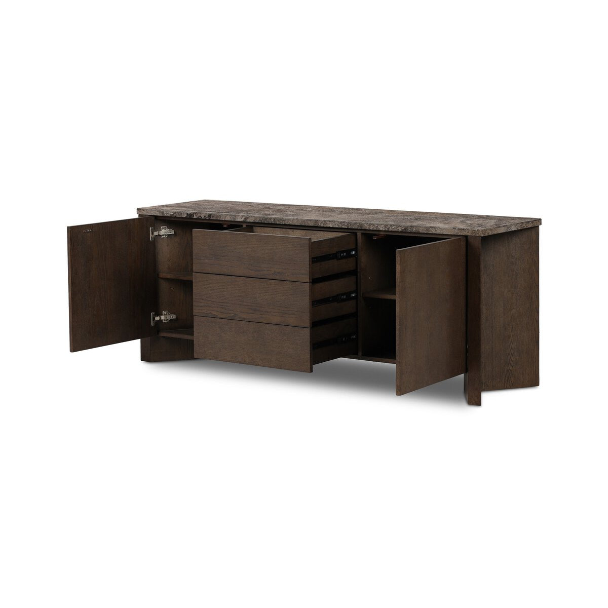 Four Hands Lawson Media Console in brown oak veneer with warm grey marble top, drawer open view