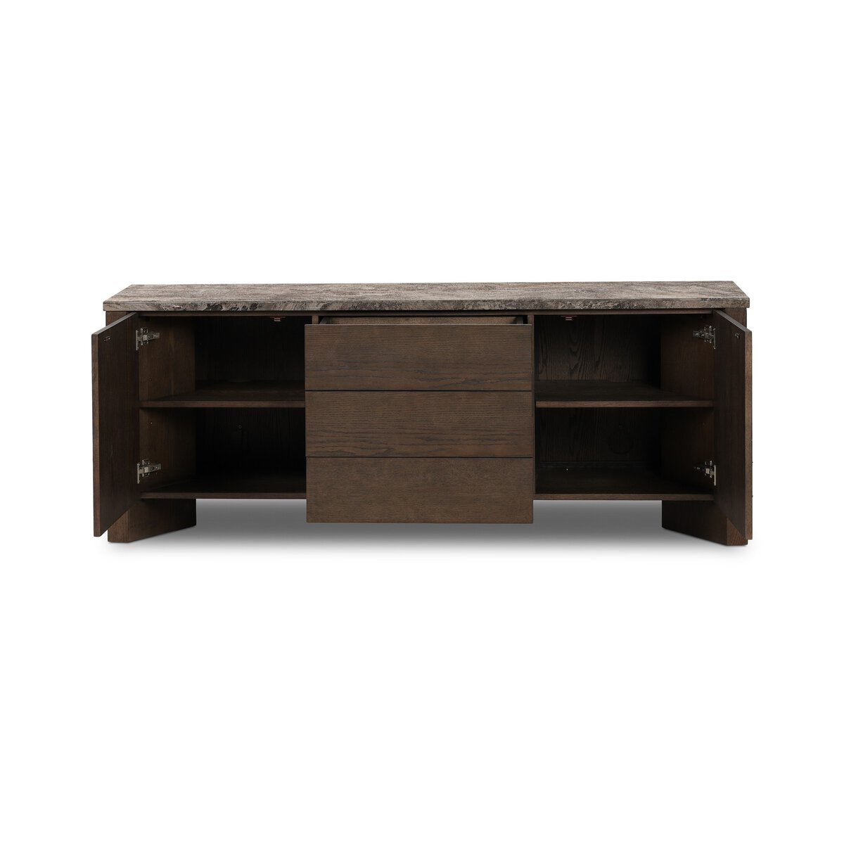 Four Hands Lawson Media Console in brown oak veneer with warm grey marble top, cabinet open view