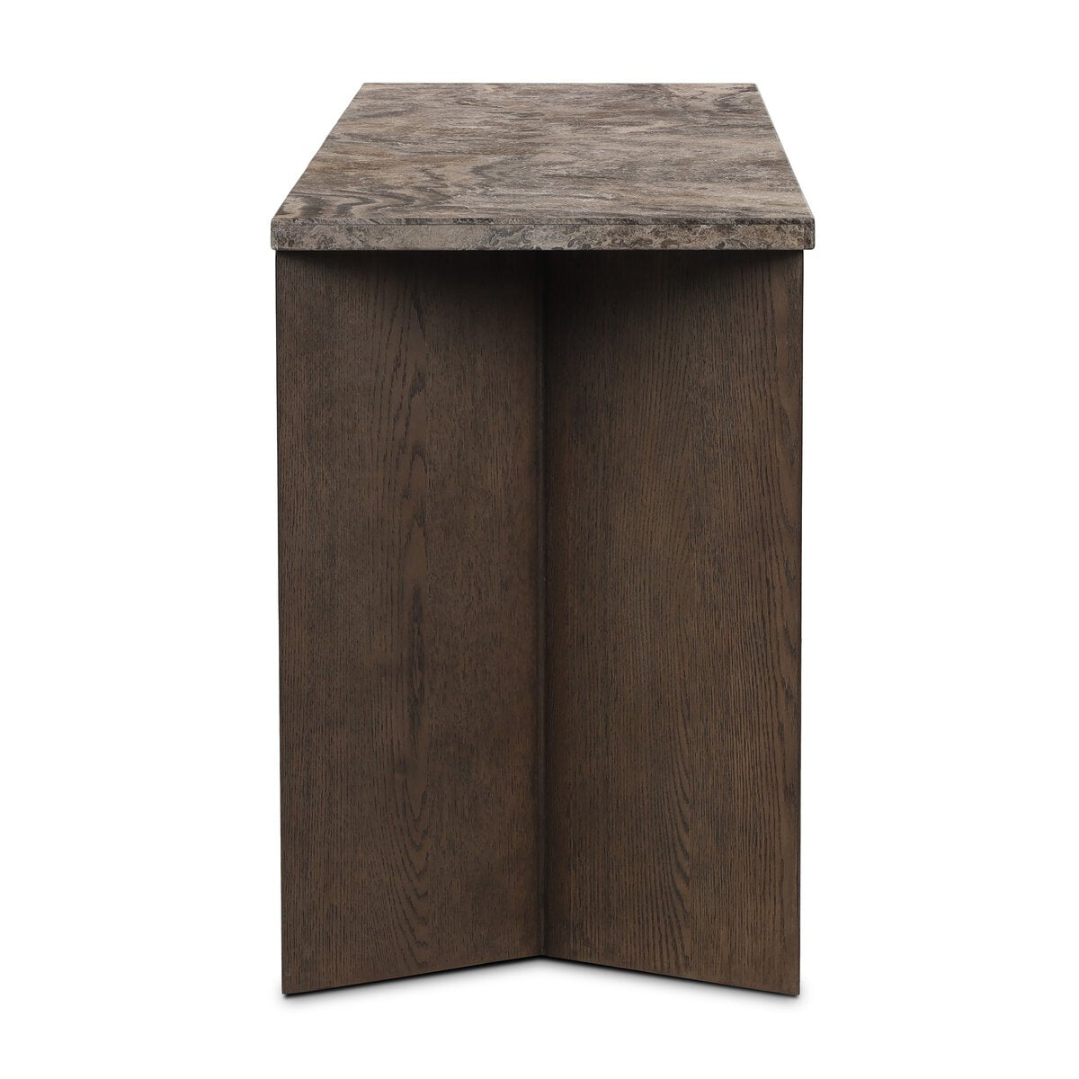 Four Hands Lawson Media Console in brown oak veneer with warm grey marble top, side profile view