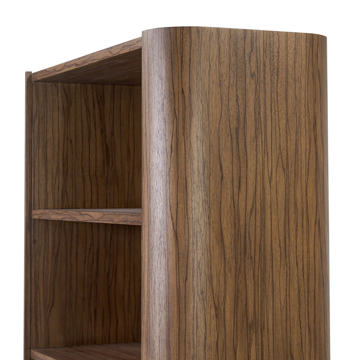Four Hands Limba Bookcase in medium brown limba veneer, close-up detail of wood grain, view 2