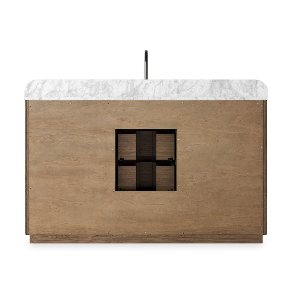 Four Hands Malden Single Wide Vanity in satin espresso oak with Carrara marble top, back view