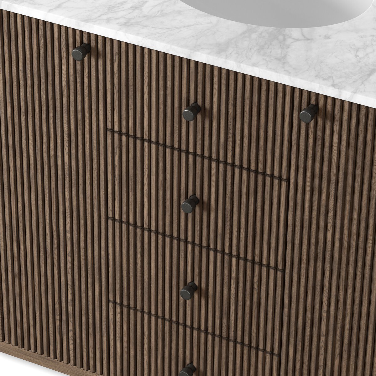 Four Hands Malden Single Wide Vanity in satin espresso oak with Carrara marble top, close-up detail of tapered knob