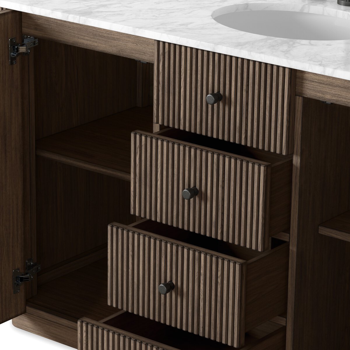 Four Hands Malden Single Wide Vanity in satin espresso oak with Carrara marble top, close-up detail of reeded oak, view 2