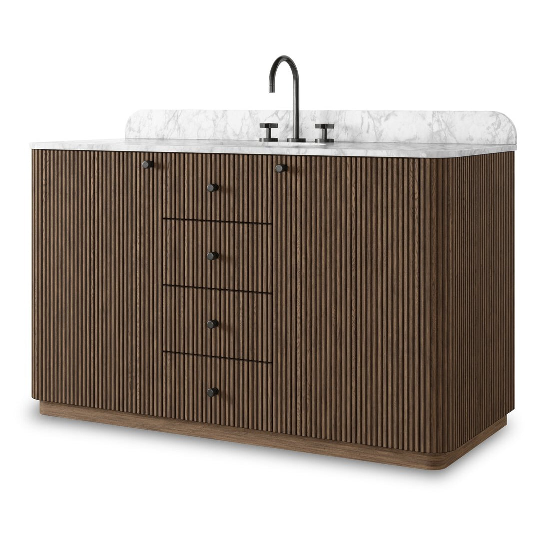 Four Hands Malden Single Wide Vanity in satin espresso oak with Carrara marble top, primary product view