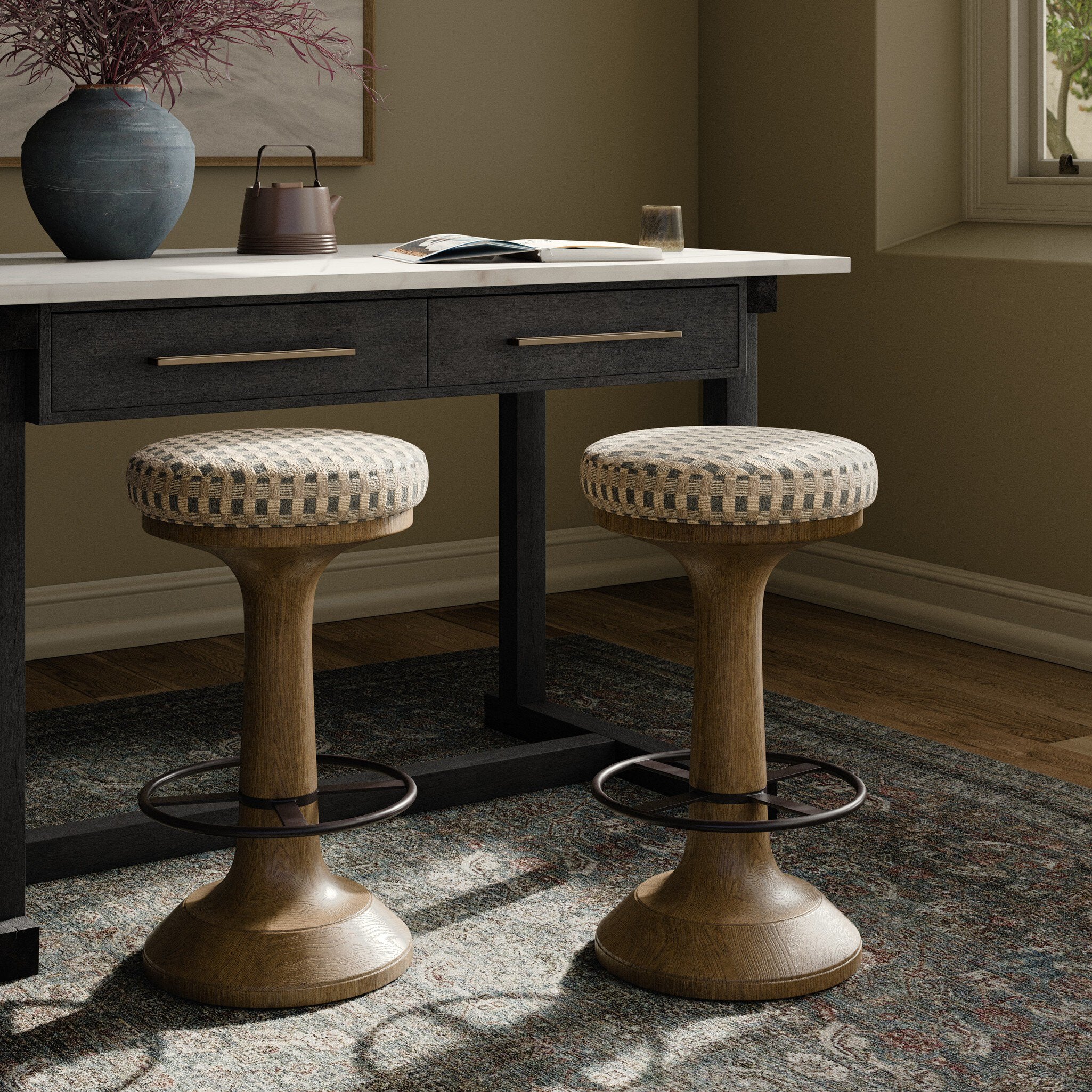 Four Hands Montclair Firefinch Fawn Counter Stool styled in a room setting